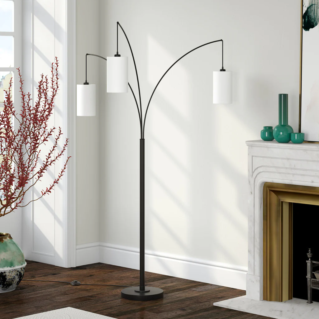 Black Three Light Torchiere Floor Lamp With White Frosted Glass Drum Shade By Homeroots - Image 2