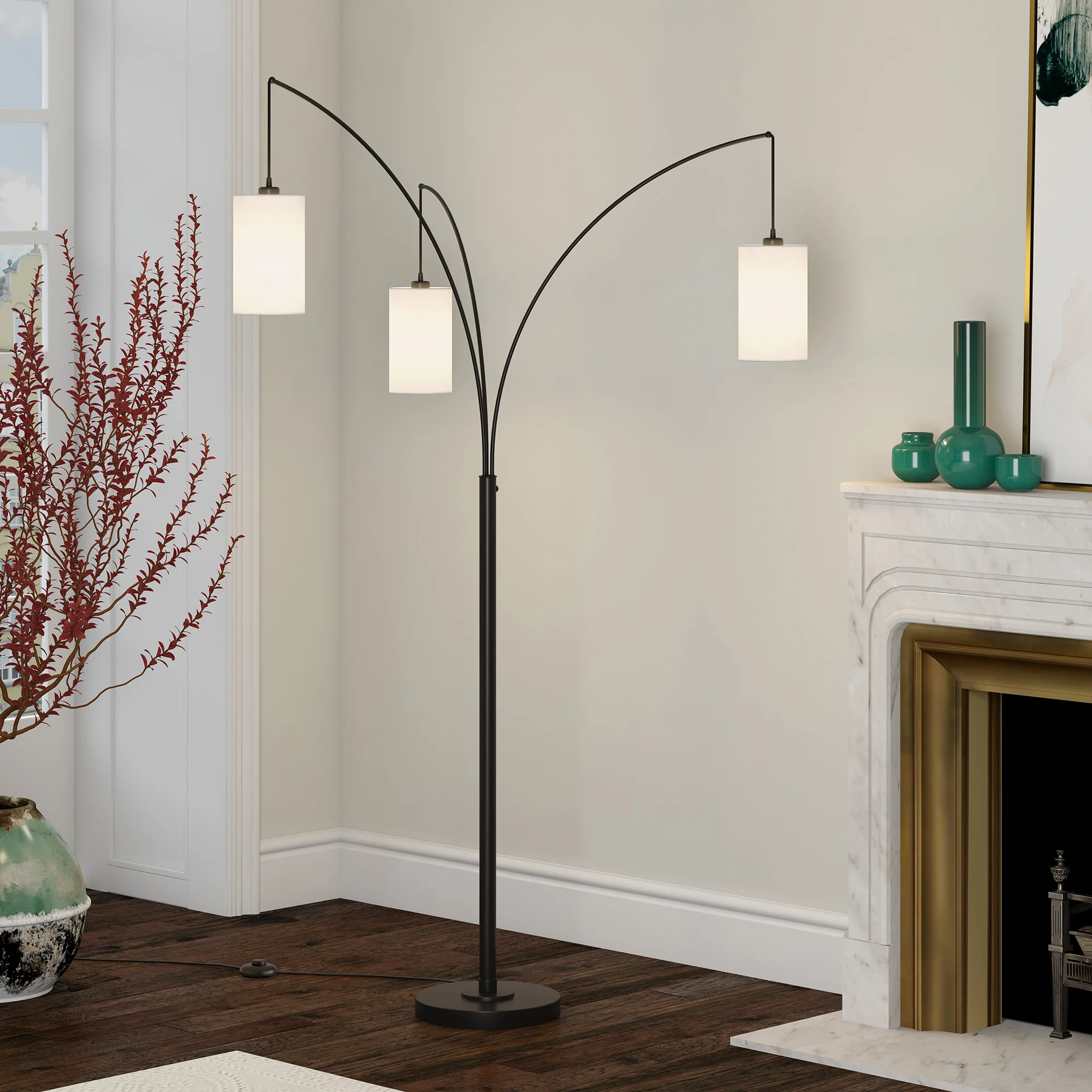 Black Three Light Torchiere Floor Lamp With White Frosted Glass Drum Shade By Homeroots - Image 8