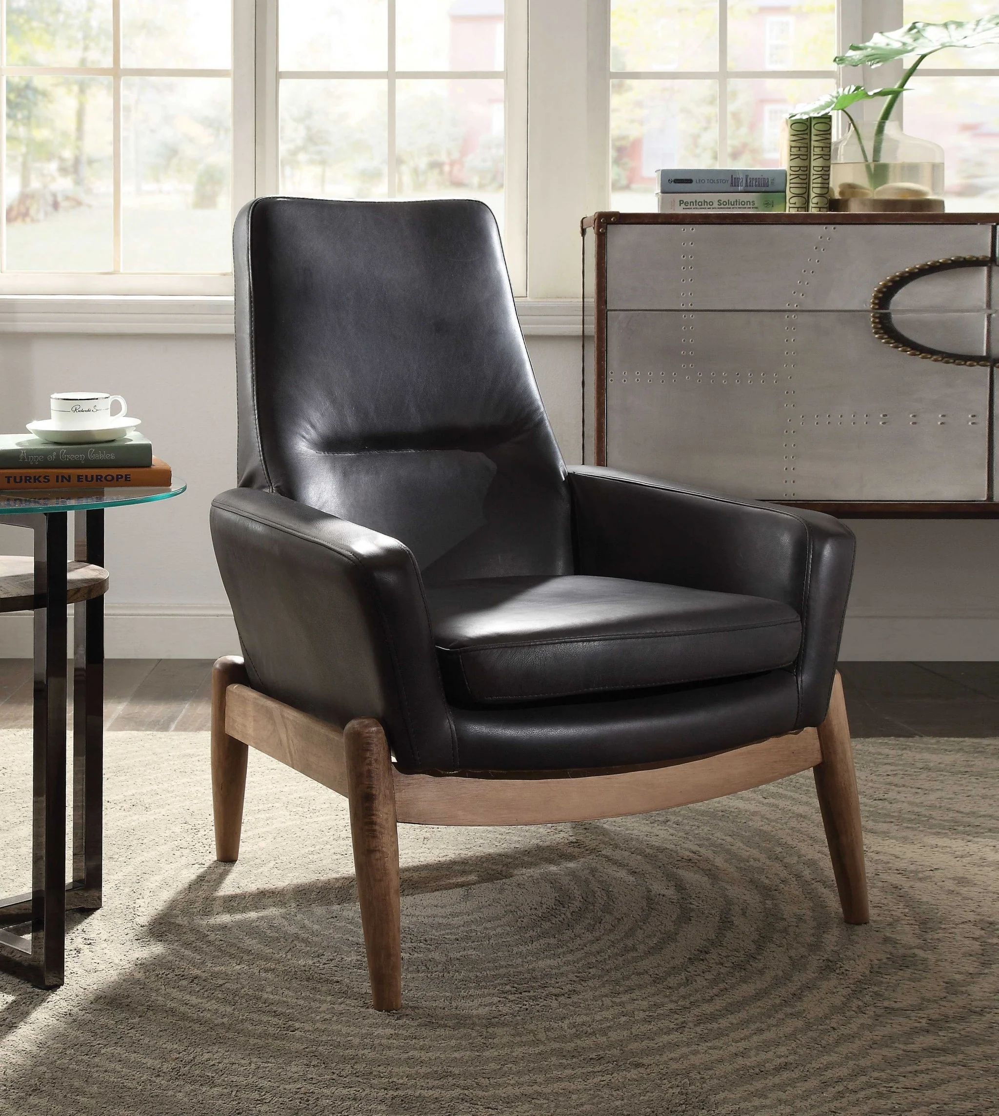 Black Top Grain Leather Accent Chair By Homeroots - Image 2