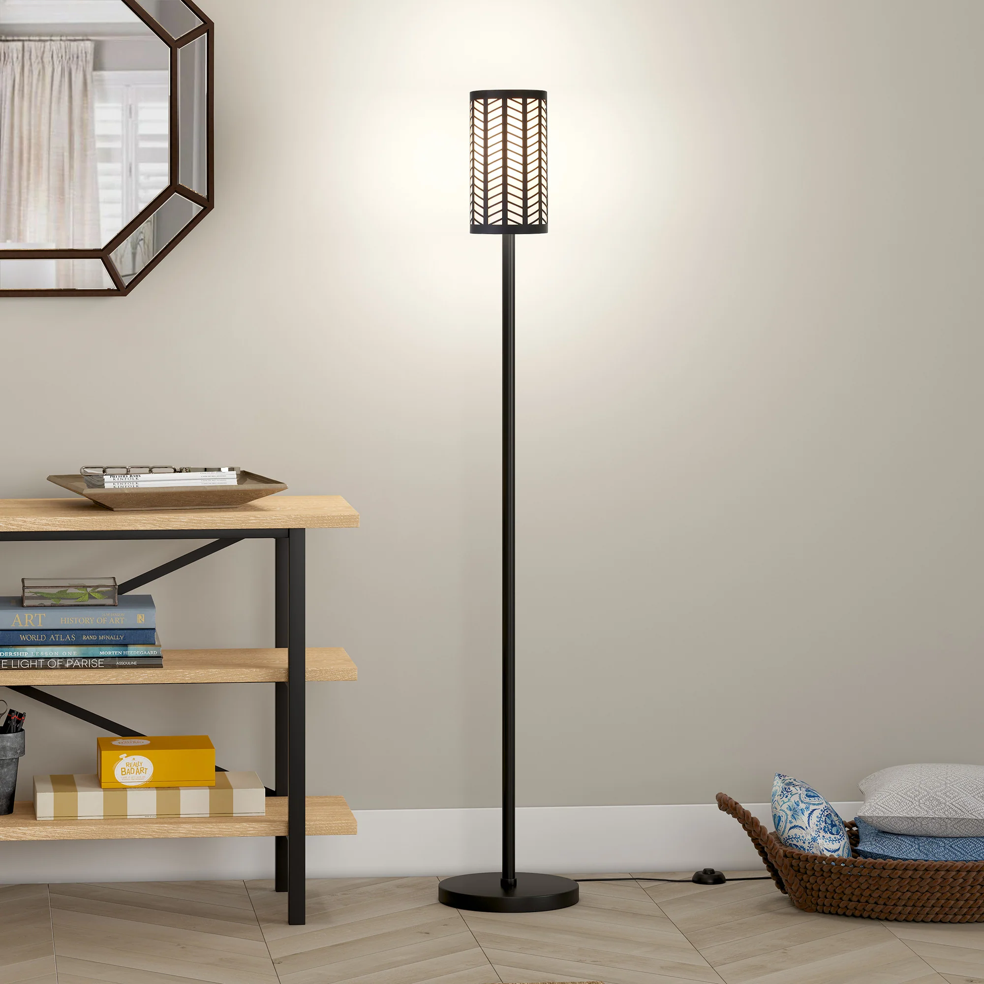 Black Torchiere Floor Lamp With Black Drum Shade By Homeroots - Image 6