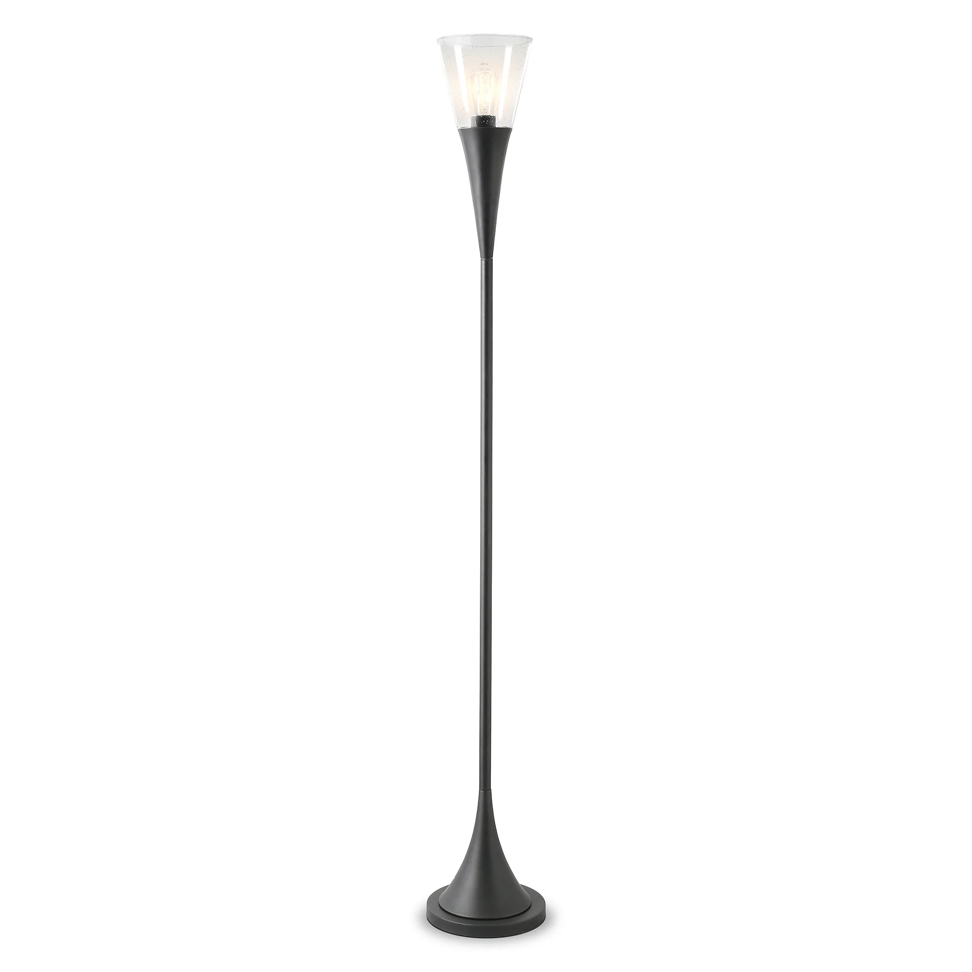 Black Torchiere Floor Lamp With Clear Seeded Glass Cone Shade By Homeroots - Image 2
