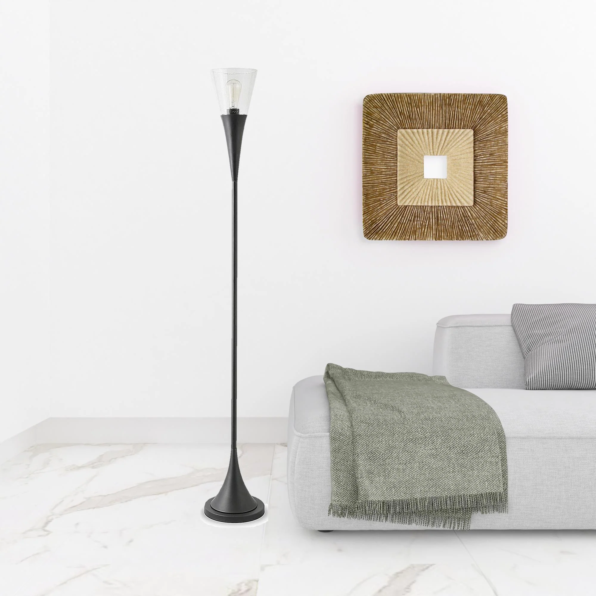 Black Torchiere Floor Lamp With Clear Seeded Glass Cone Shade By Homeroots - Image 3