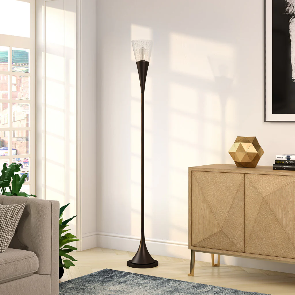 Black Torchiere Floor Lamp With Clear Seeded Glass Cone Shade By Homeroots - Image 5