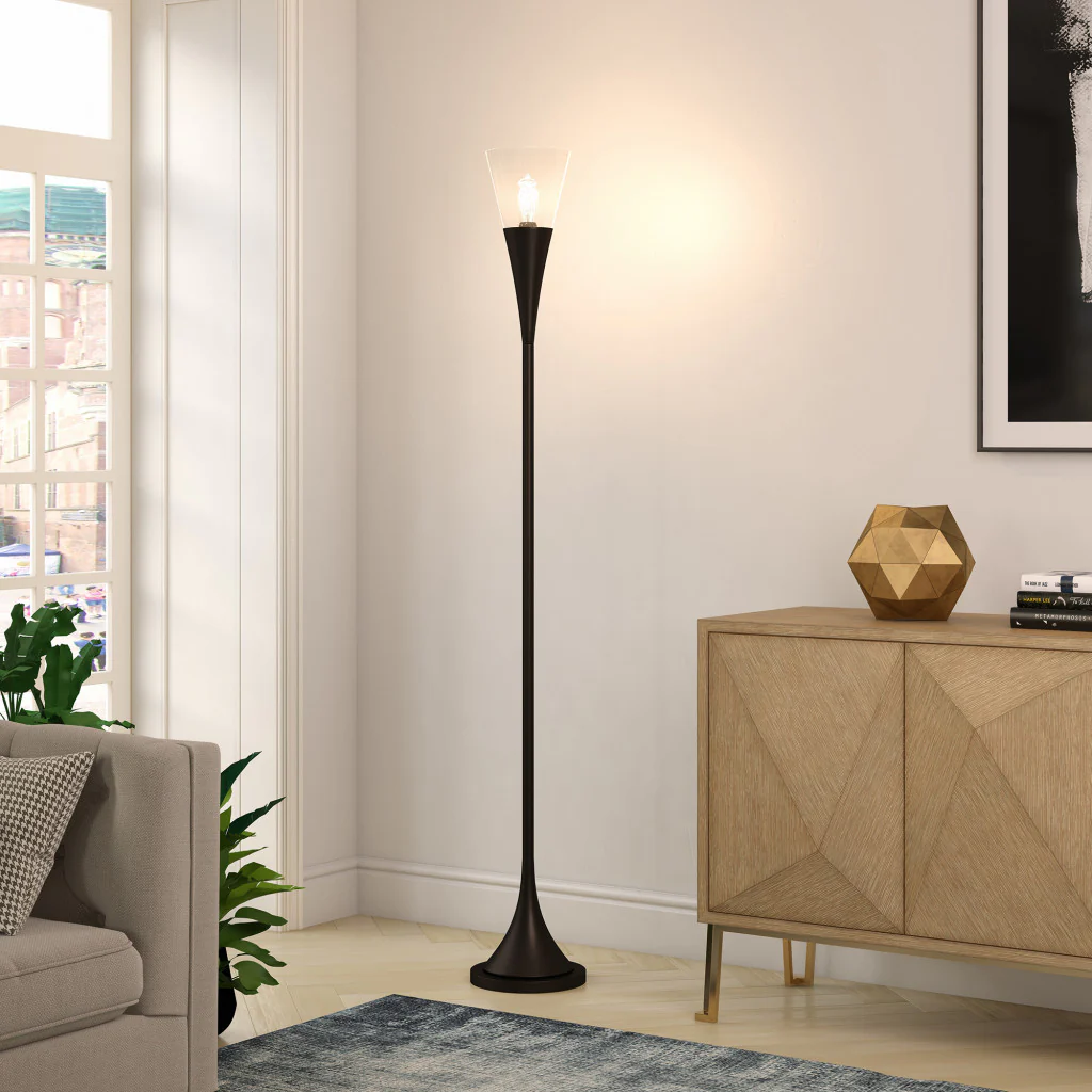 Black Torchiere Floor Lamp With Clear Seeded Glass Cone Shade By Homeroots - Image 6
