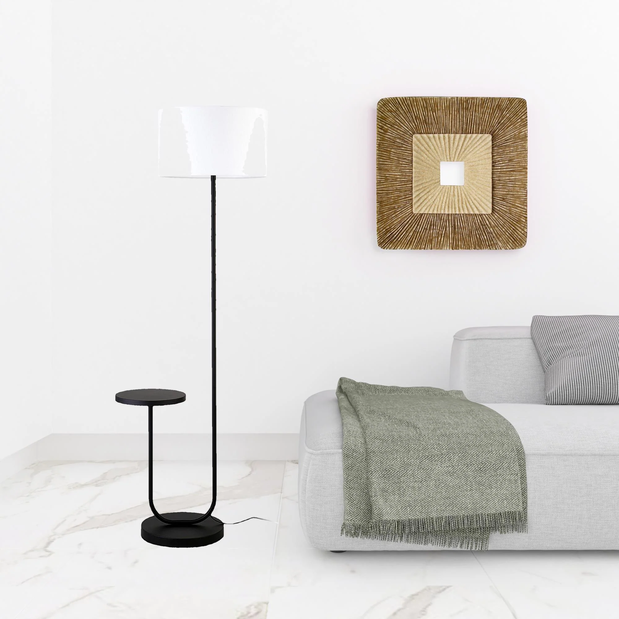 Black Tray Table Floor Lamp With White No Pattern Frosted Glass Drum Shade By Homeroots - Image 2