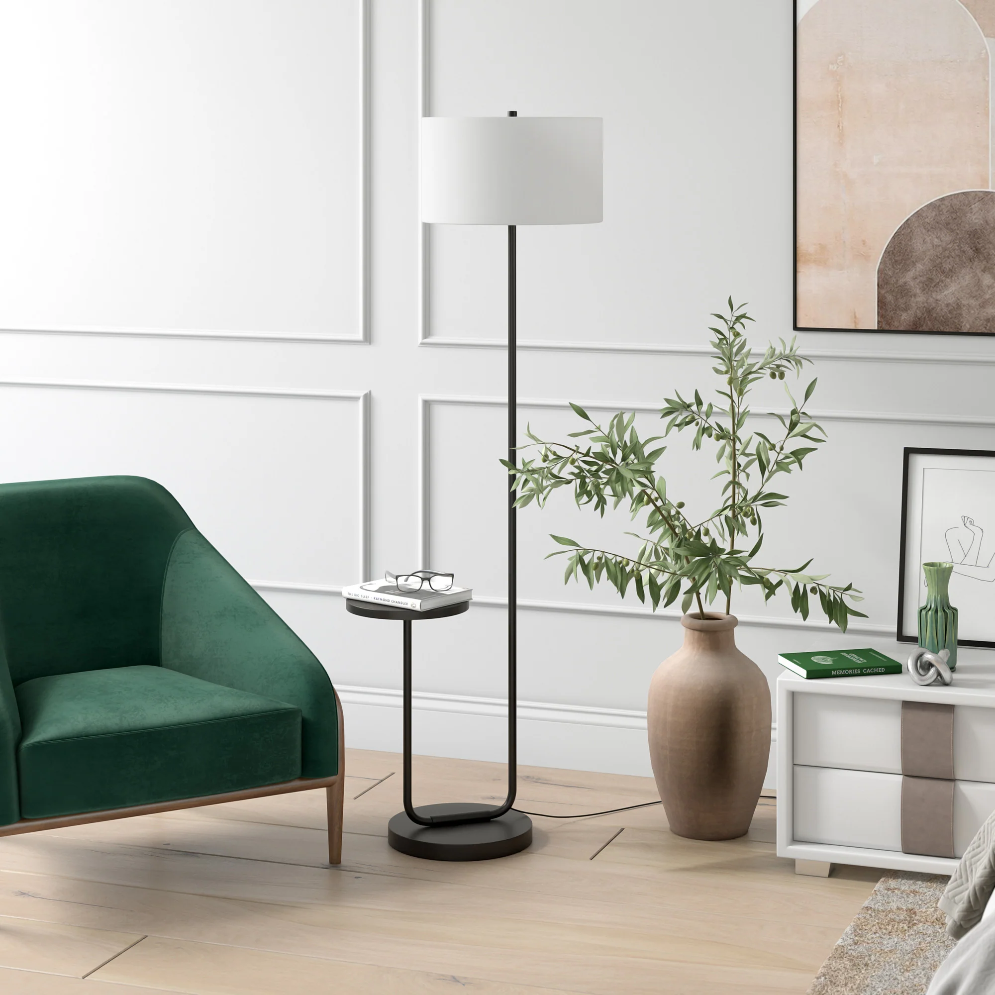Black Tray Table Floor Lamp With White No Pattern Frosted Glass Drum Shade By Homeroots - Image 3