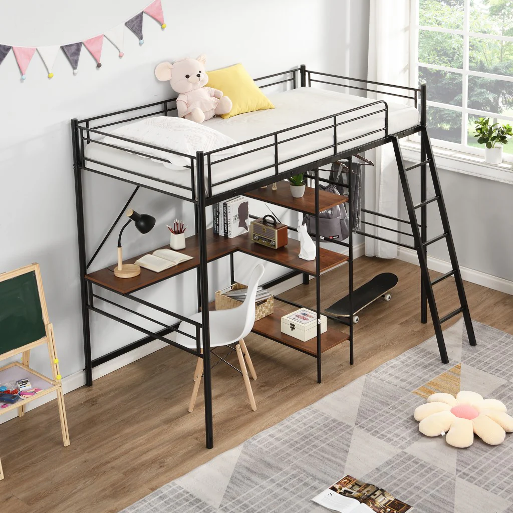 Black Twin Size Metal Loft Bed With Desk And Shelves By Homeroots - Image 2