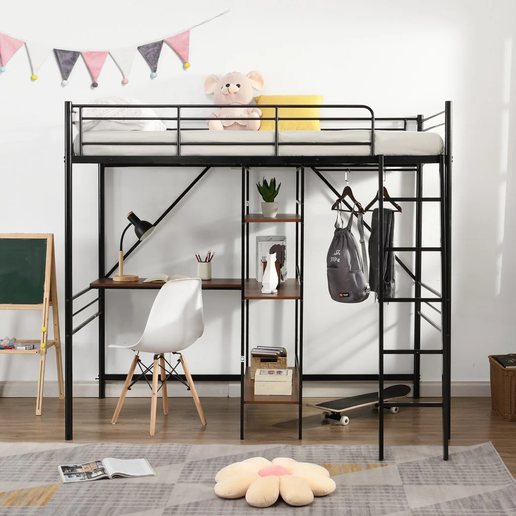 Black Twin Size Metal Loft Bed With Desk And Shelves By Homeroots - Image 3