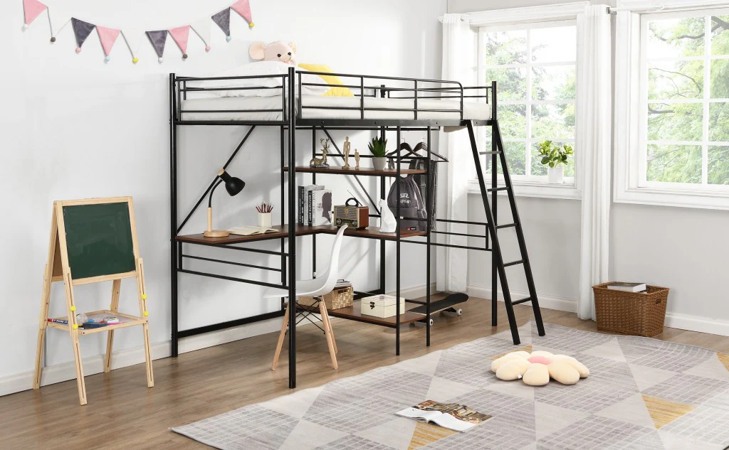 Black Twin Size Metal Loft Bed With Desk And Shelves By Homeroots - Image 4