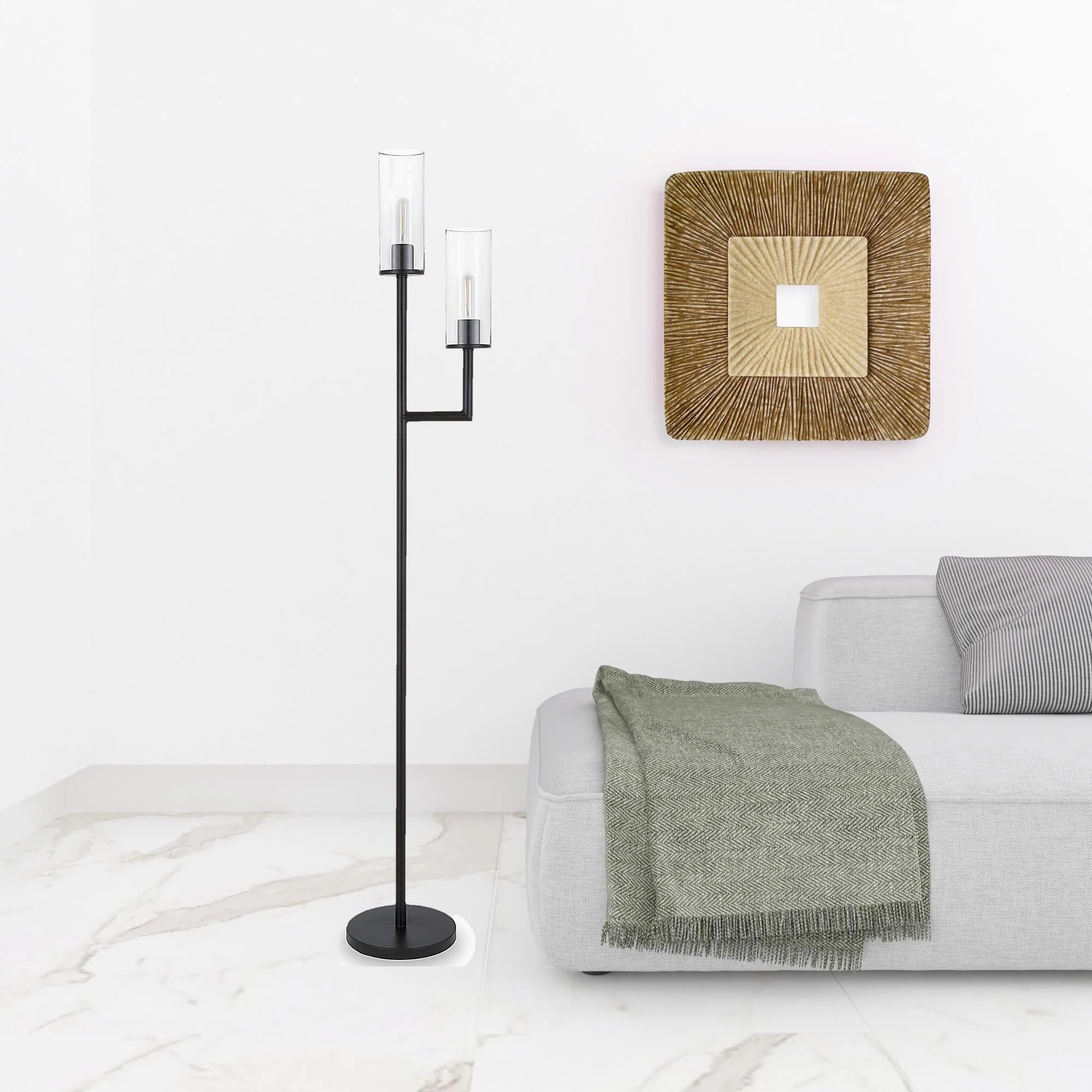 Black Two Light Torchiere Floor Lamp With Clear Transparent Glass Drum Shade By Homeroots - Image 2