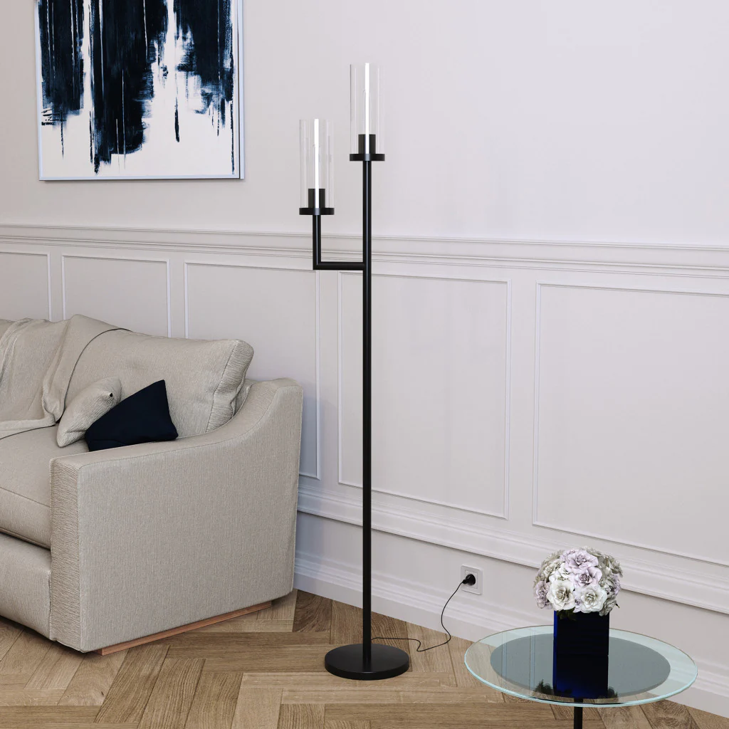 Black Two Light Torchiere Floor Lamp With Clear Transparent Glass Drum Shade By Homeroots - Image 4