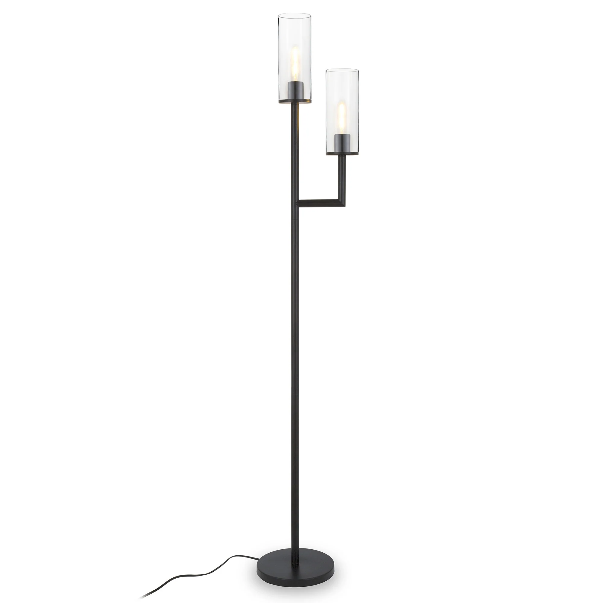 Black Two Light Torchiere Floor Lamp With Clear Transparent Glass Drum Shade By Homeroots - Image 6