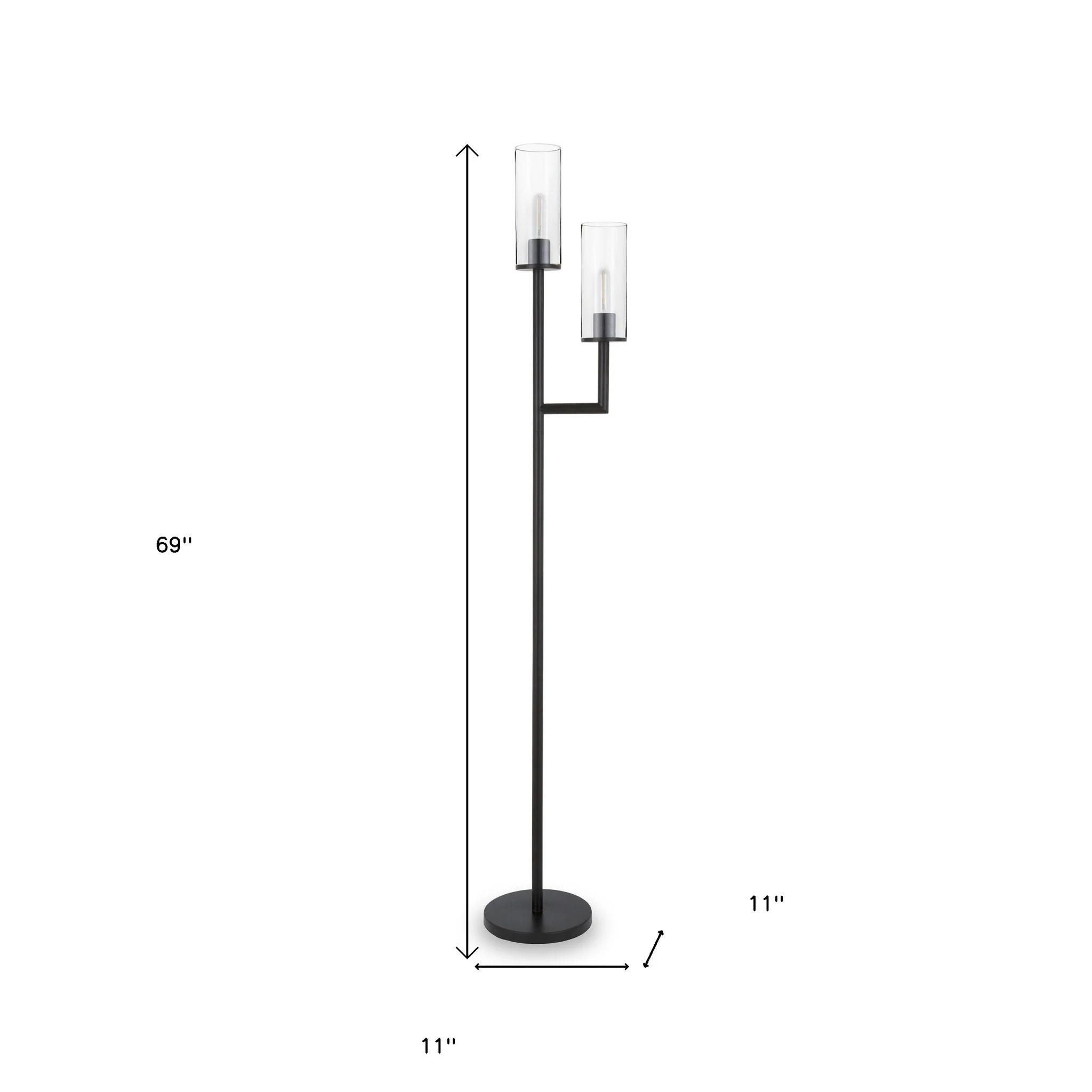 Black Two Light Torchiere Floor Lamp With Clear Transparent Glass Drum Shade By Homeroots - Image 7
