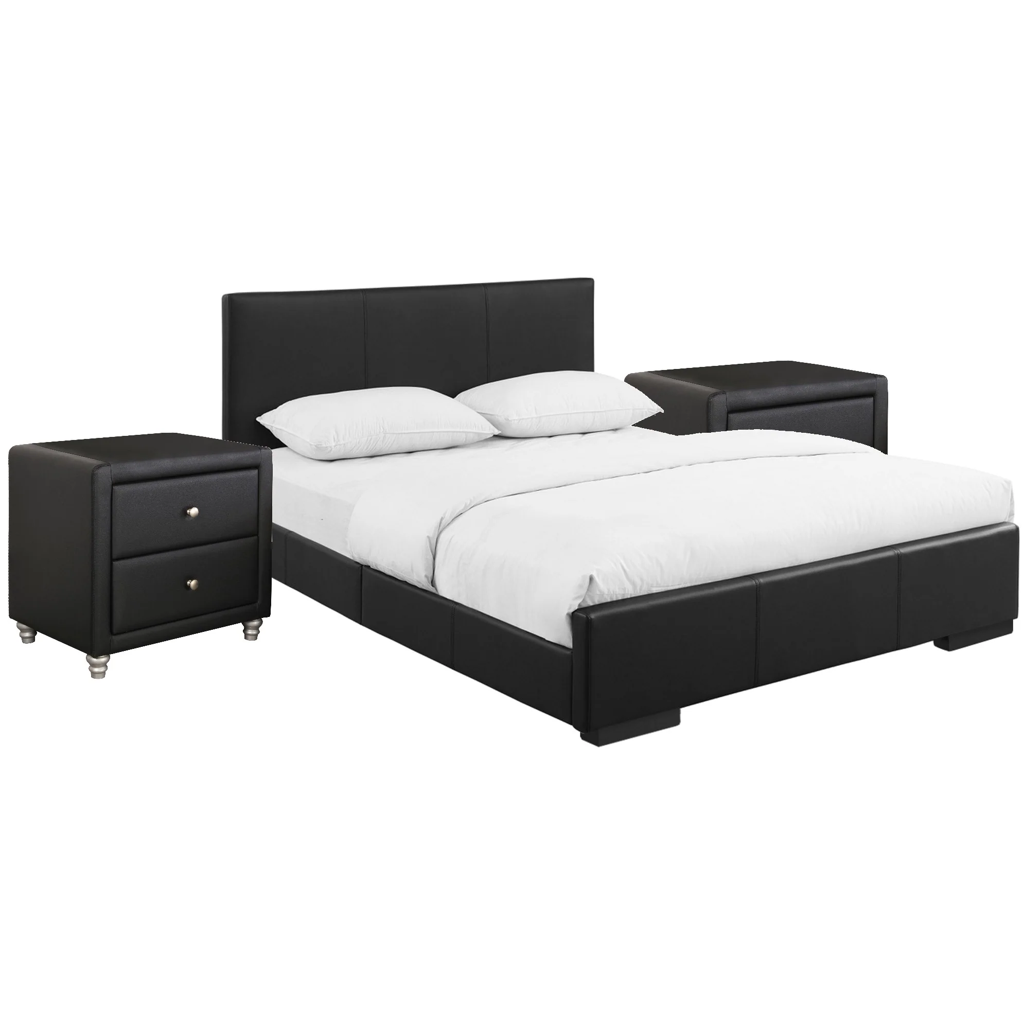 Black Upholstered Platform Queen Bed With Two Nightstands By Homeroots - Image 2