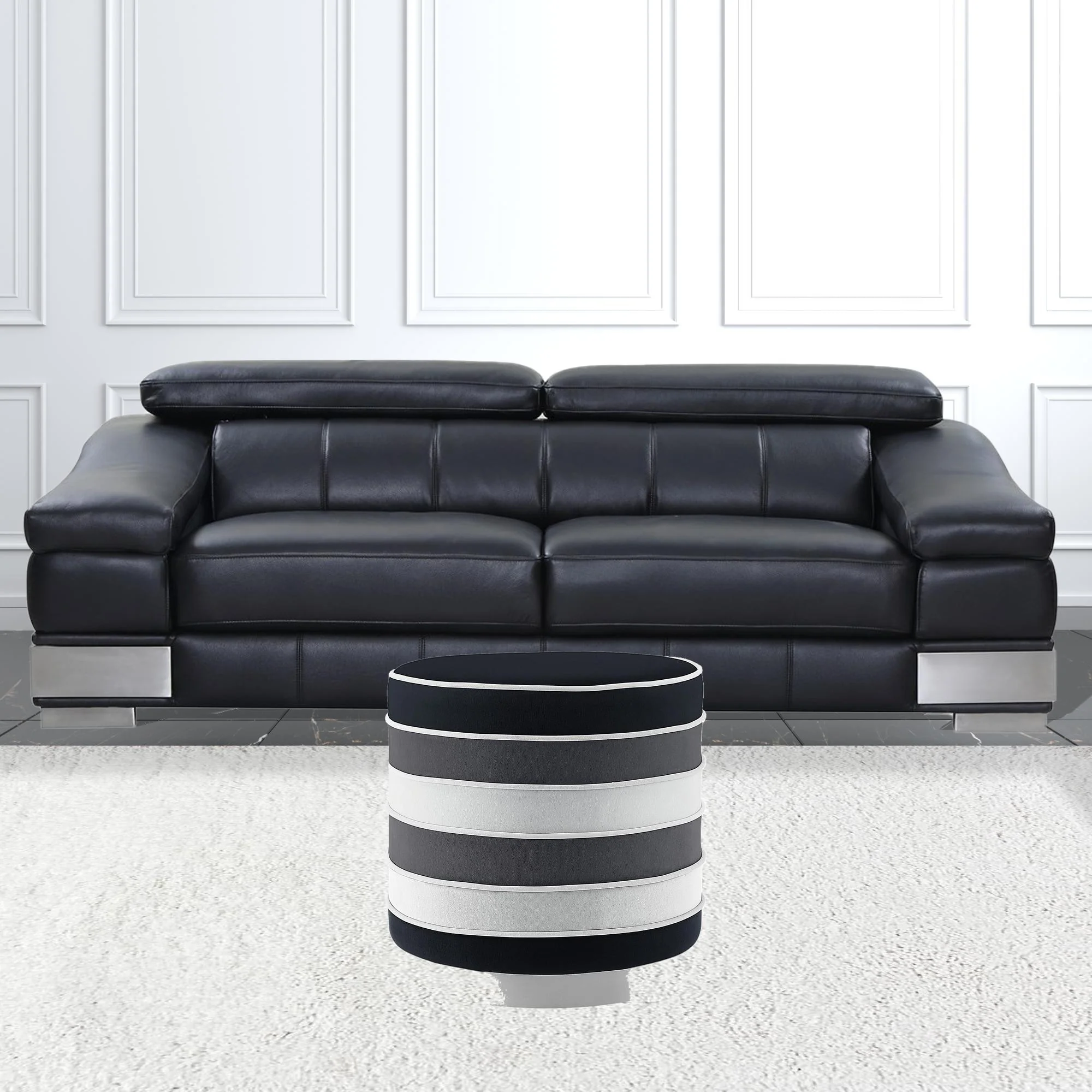 Black Velvet And Silver Round Striped Ottoman By Homeroots - Image 2