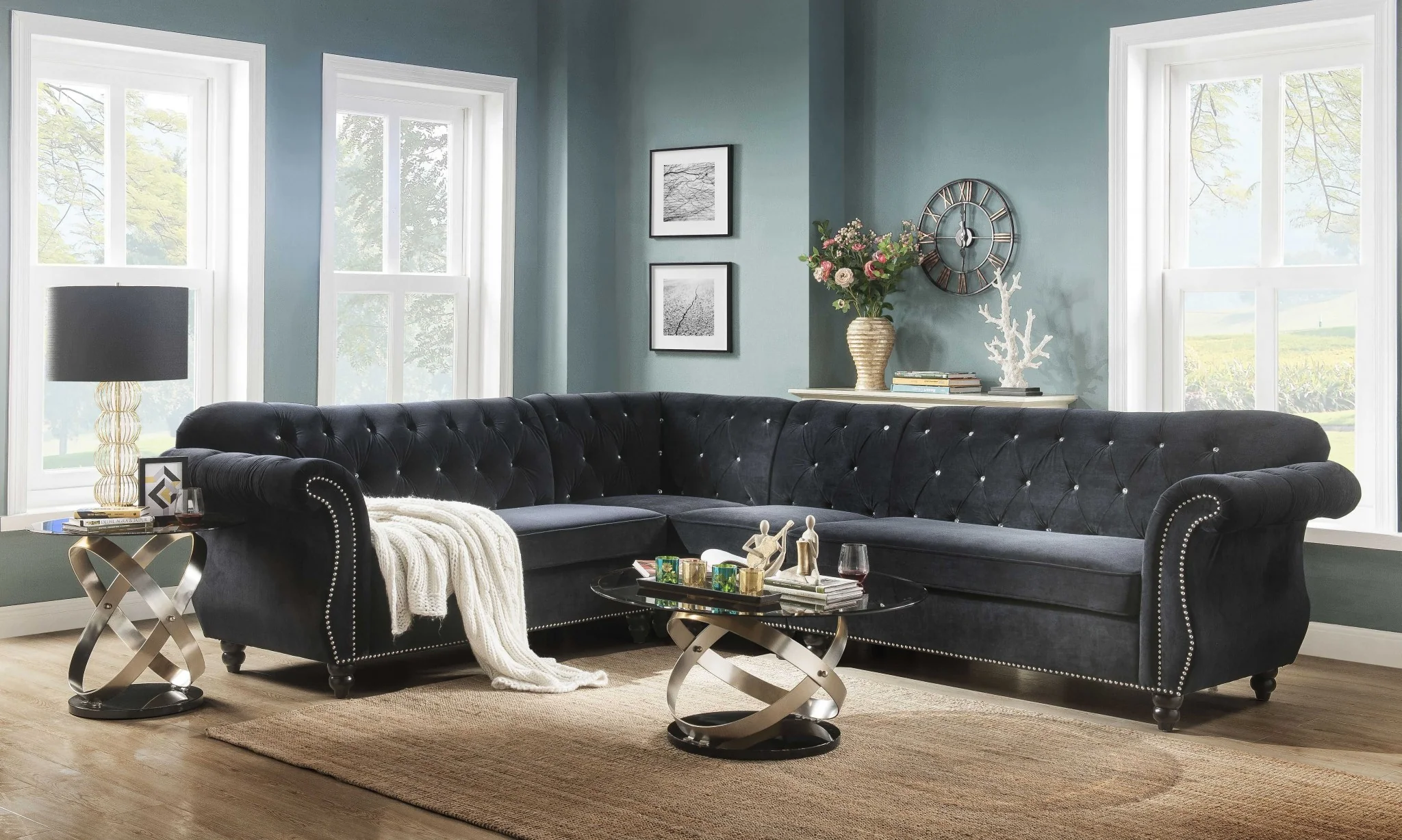 Black Velvet Upholstery Wood Leg Sectional Sofa By Homeroots - Image 2