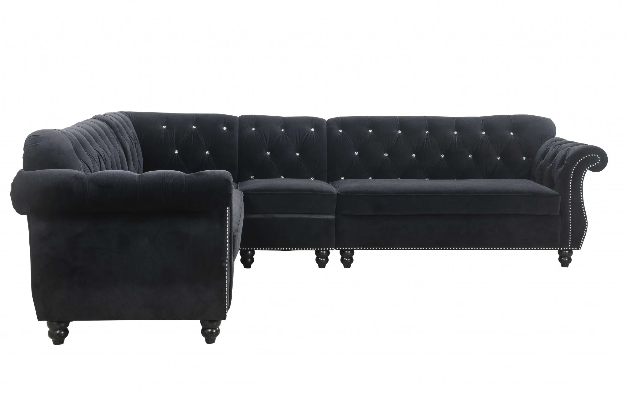 Black Velvet Upholstery Wood Leg Sectional Sofa By Homeroots - Image 3