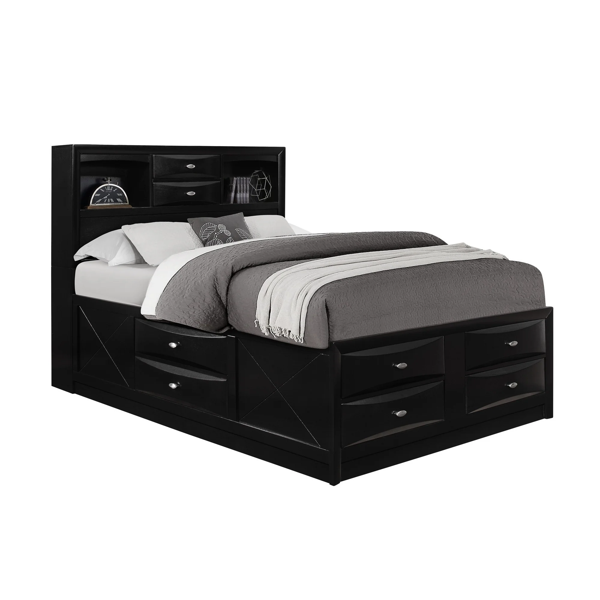 Black Veneer King Bed With Bookcase Headboard 10 Drawers By Homeroots - Image 3