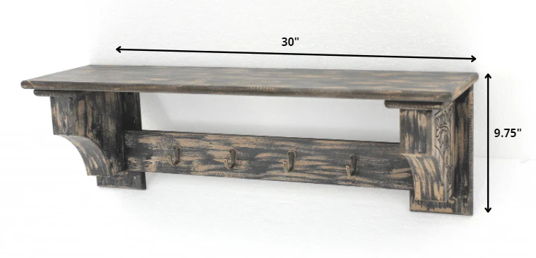 Black Vintage Wooden Metal Hooks Wall Shelf By Homeroots - Image 2