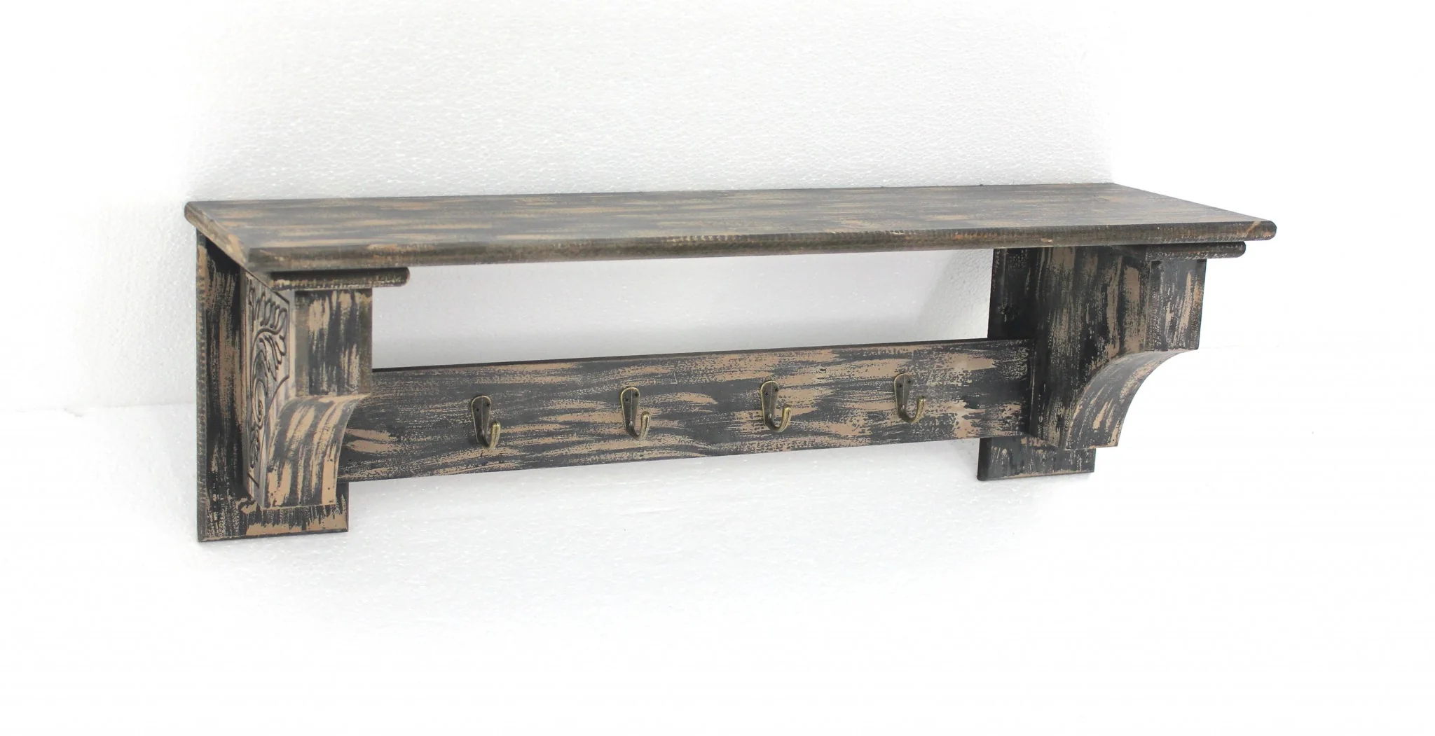 Black Vintage Wooden Metal Hooks Wall Shelf By Homeroots - Image 3