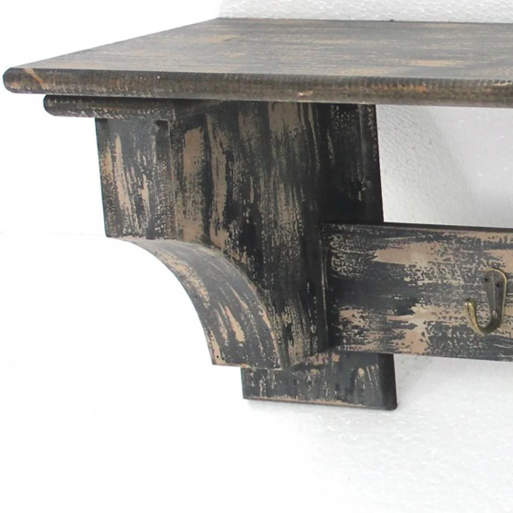 Black Vintage Wooden Metal Hooks Wall Shelf By Homeroots - Image 4
