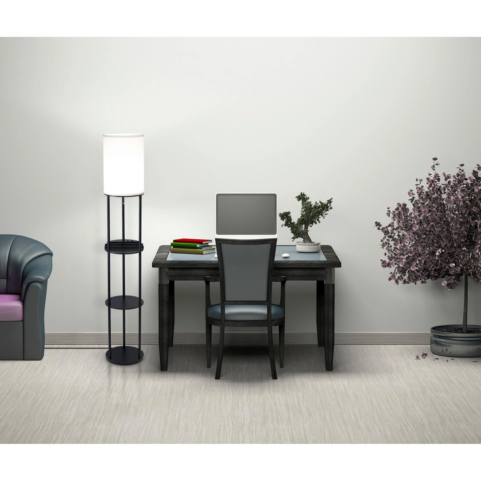 Black Wood Floor Lamp with Circular USB Charging Station Shelf By Homeroots - Image 5