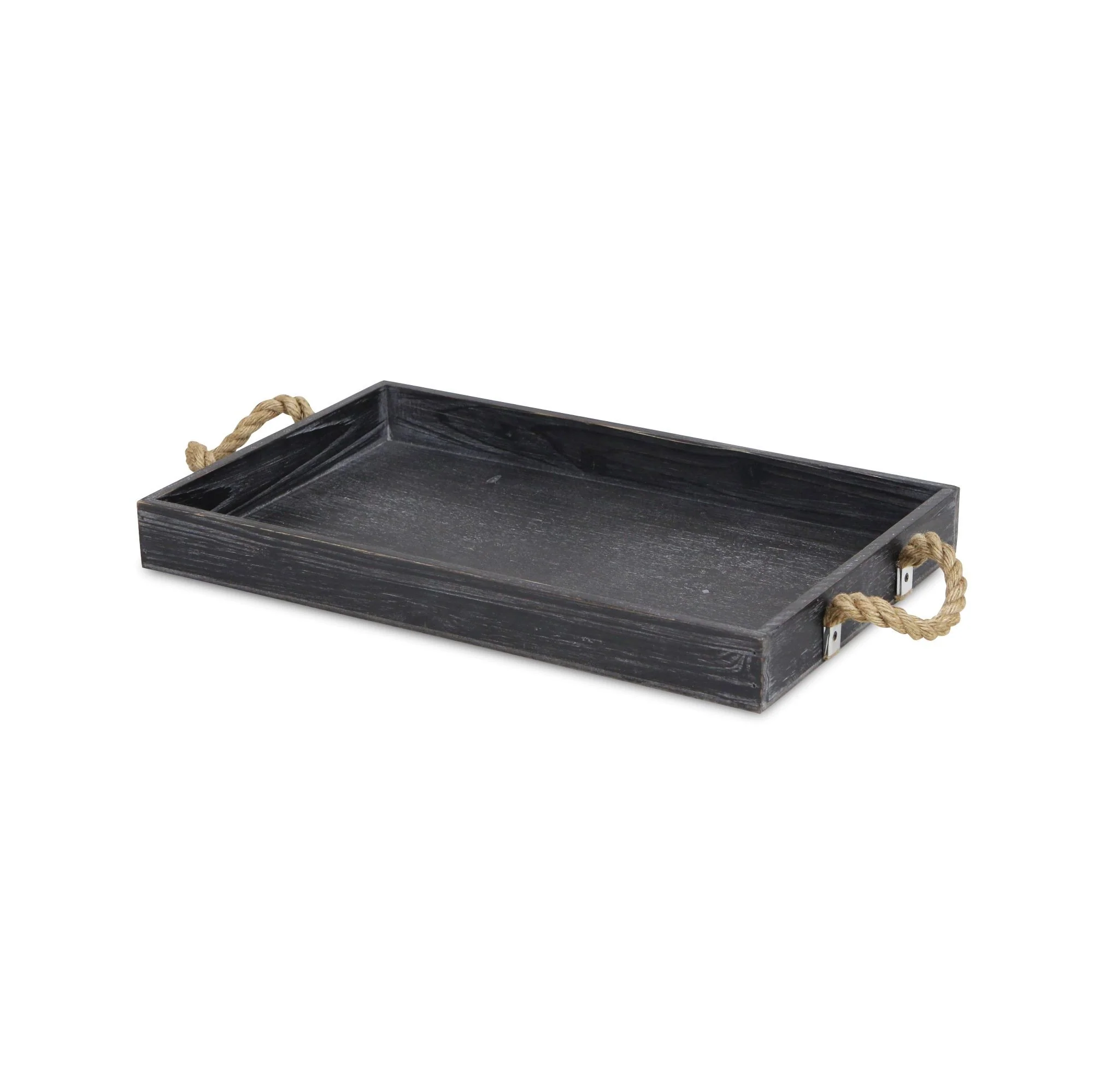 Black Wooden Tray With Rope Handles By Homeroots - Image 2
