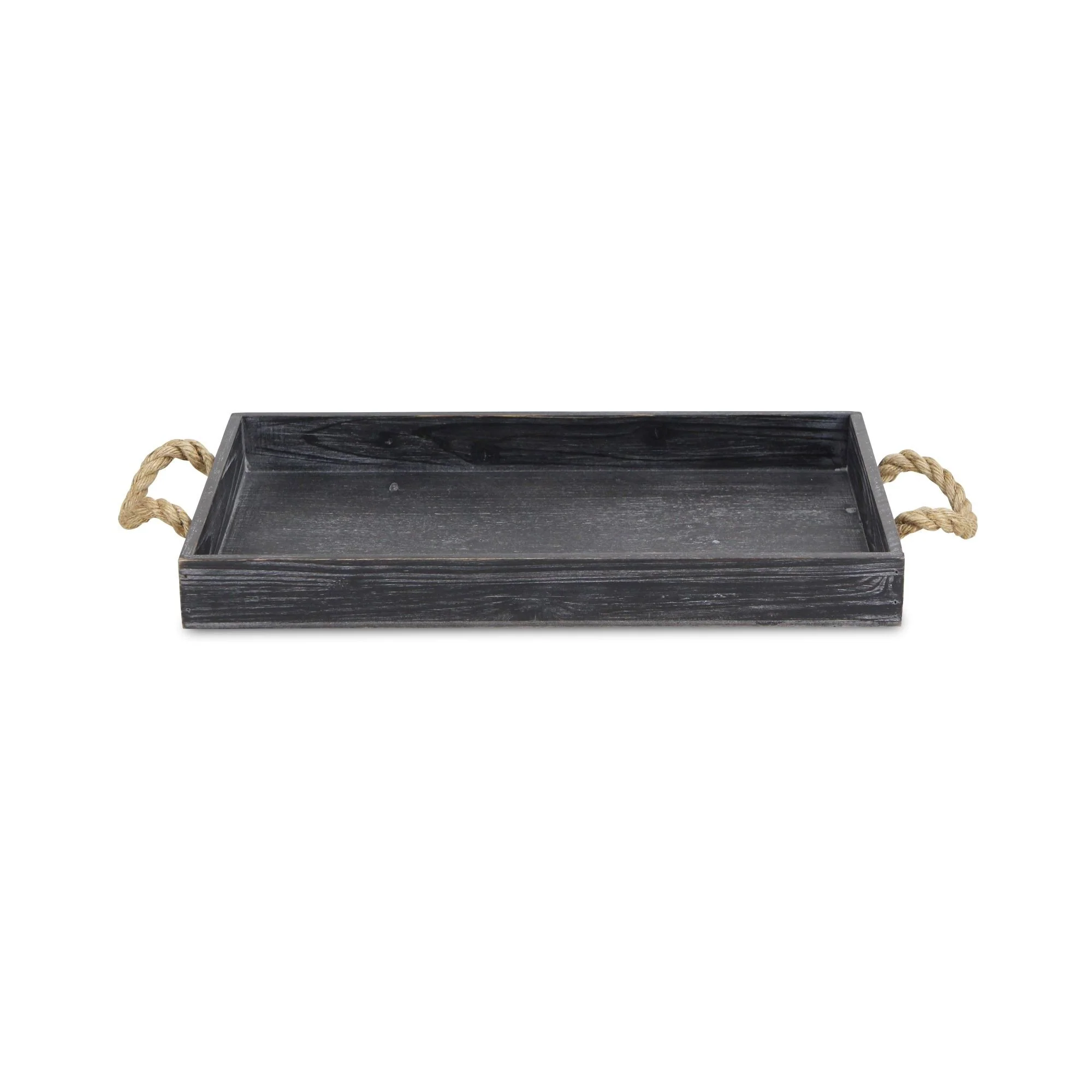 Black Wooden Tray With Rope Handles By Homeroots - Image 3