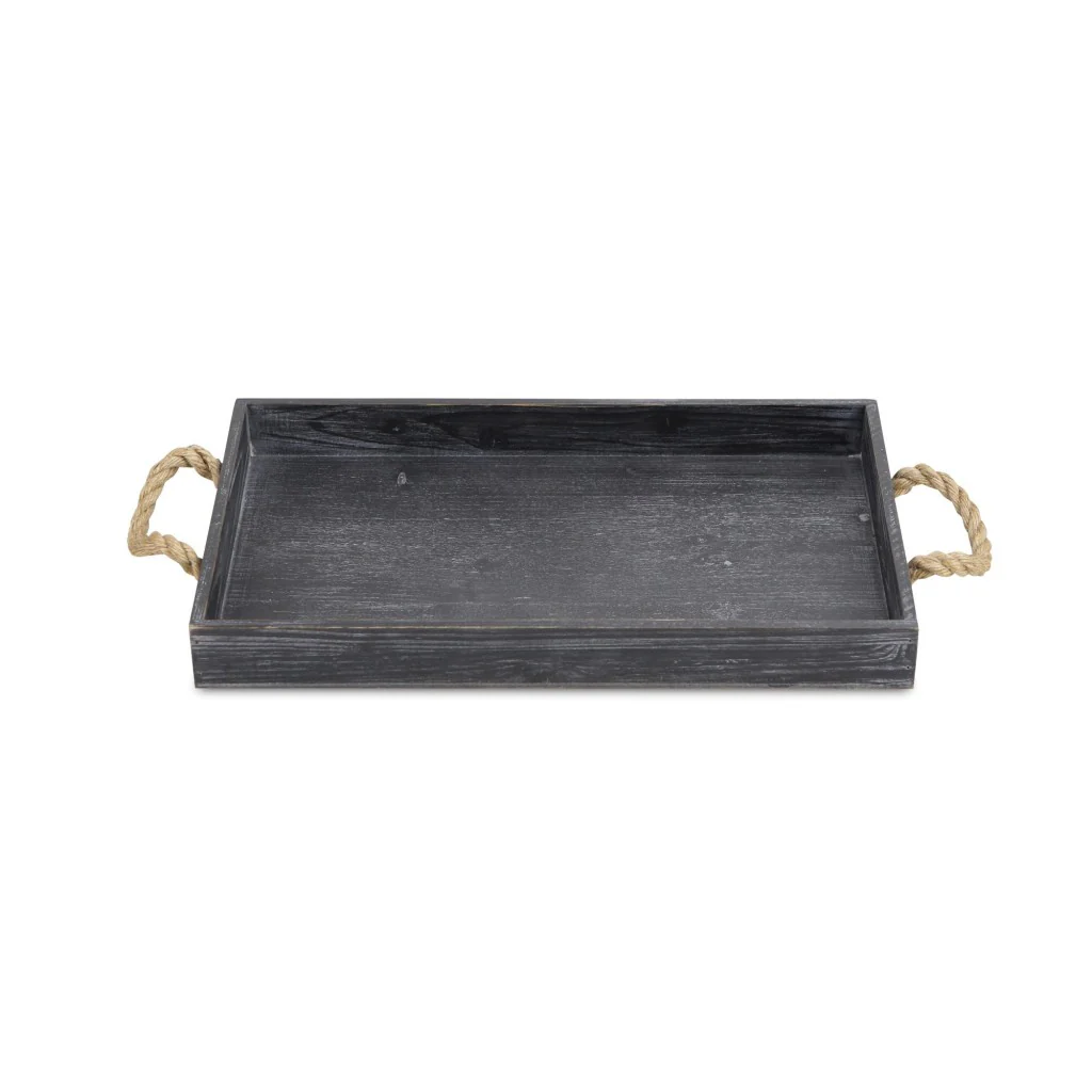 Black Wooden Tray With Rope Handles By Homeroots - Image 4