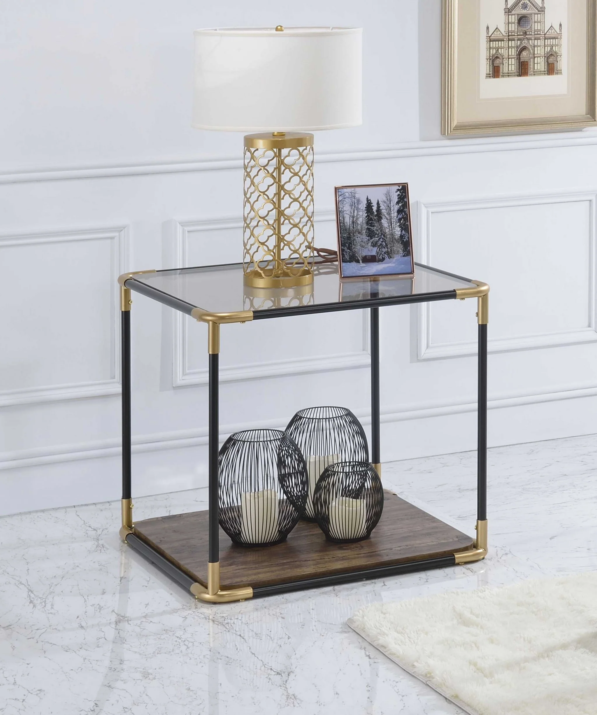 BlackGold Smoky Glass Metal Wood Veneer (Paper) End Table By Homeroots - Image 3