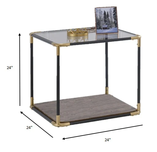 BlackGold Smoky Glass Metal Wood Veneer (Paper) End Table By Homeroots - Image 4