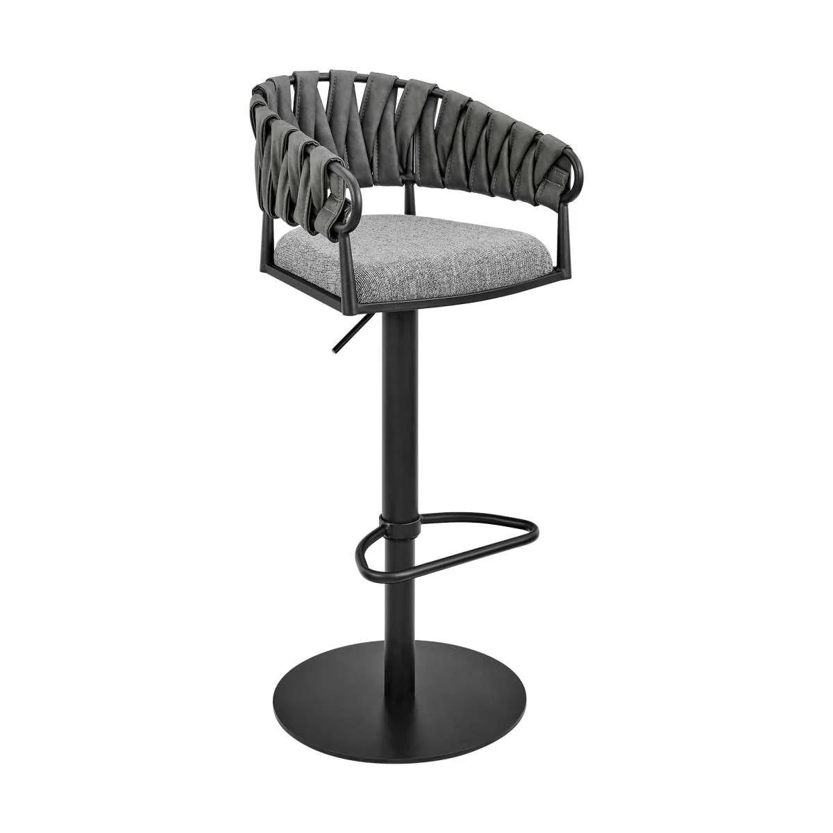 Blaise Adjustable Swivel Counter or Bar Stool in Black Metal with Gray Fabric and Faux Leather By Armen Living - Image 2