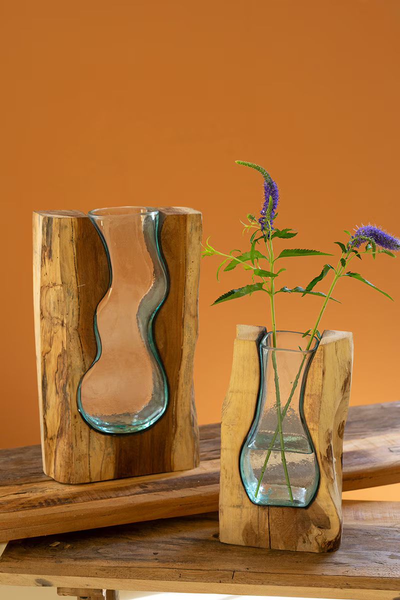 Blown Glass Vase Inside Of Teak Wood - Large By Kalalou - Image 3