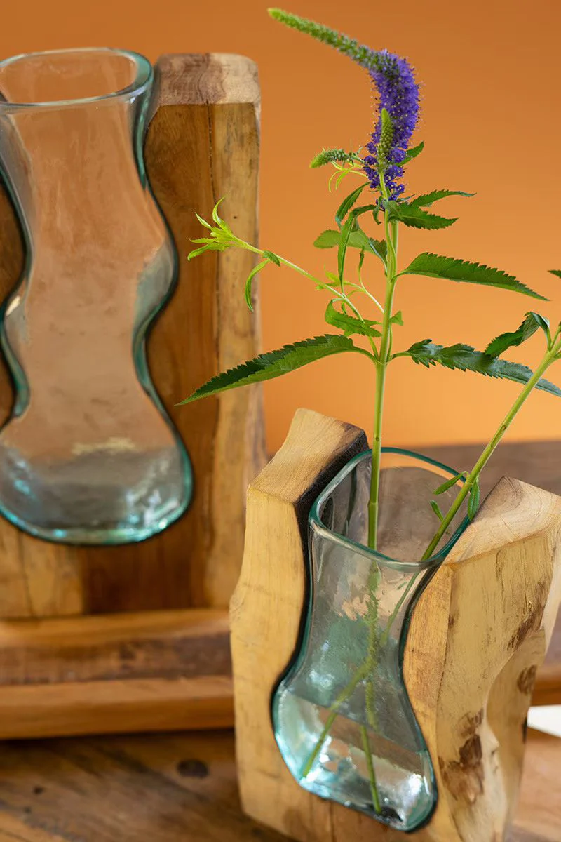 Blown Glass Vase Inside Of Teak Wood - Small By Kalalou - Image 2