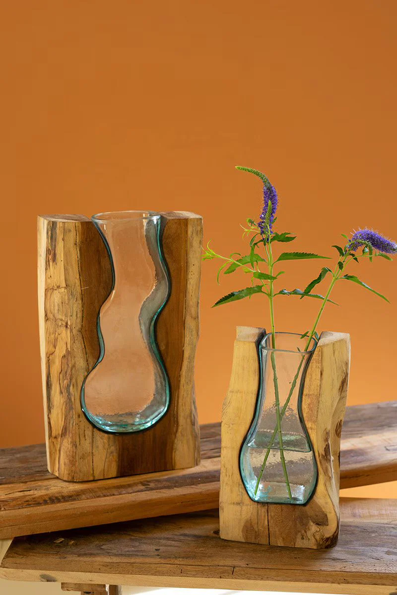 Blown Glass Vase Inside Of Teak Wood - Small By Kalalou - Image 3