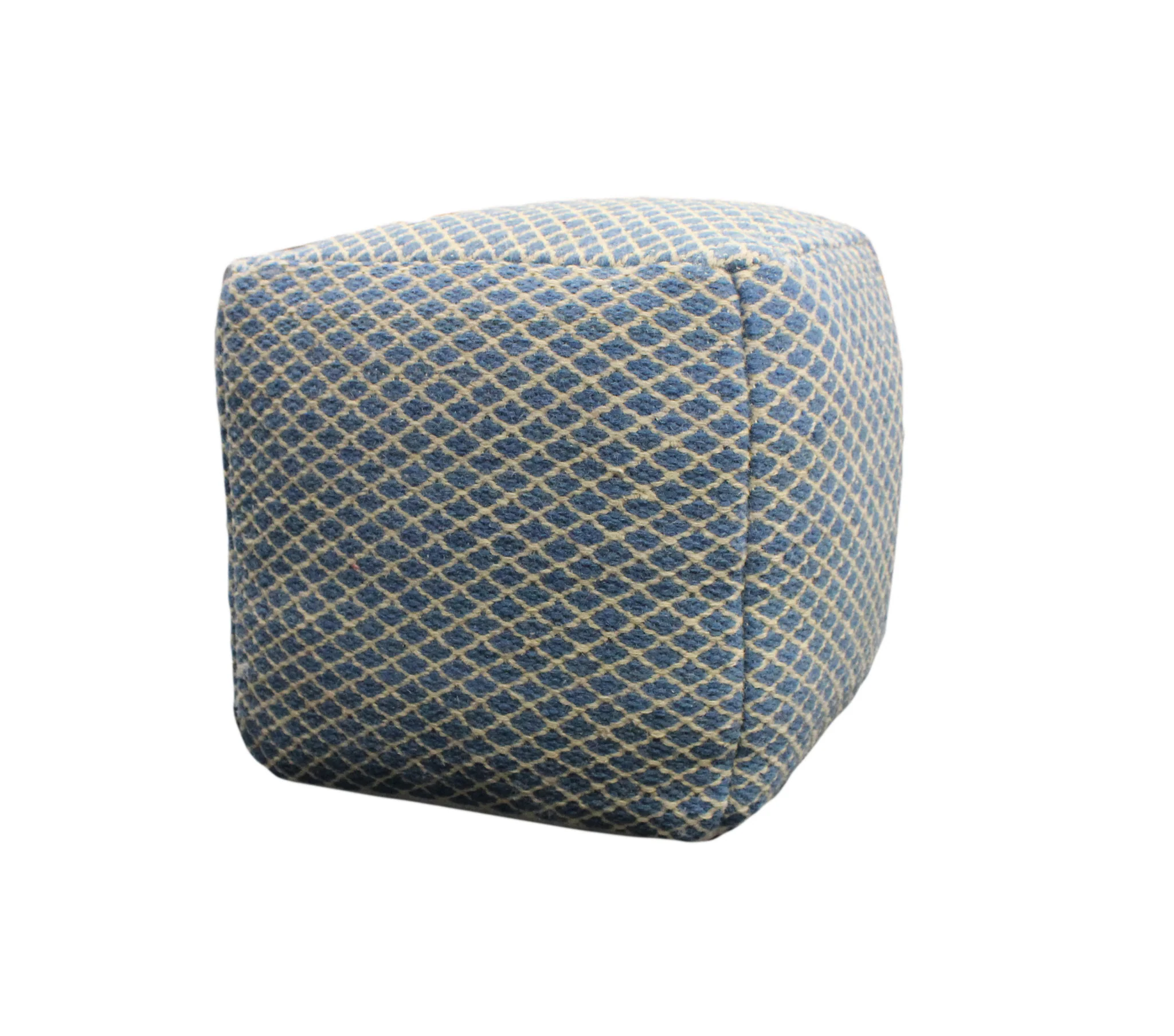 Blue and Beige Wool Cube Trellis Pouf Ottoman By Homeroots - Image 2