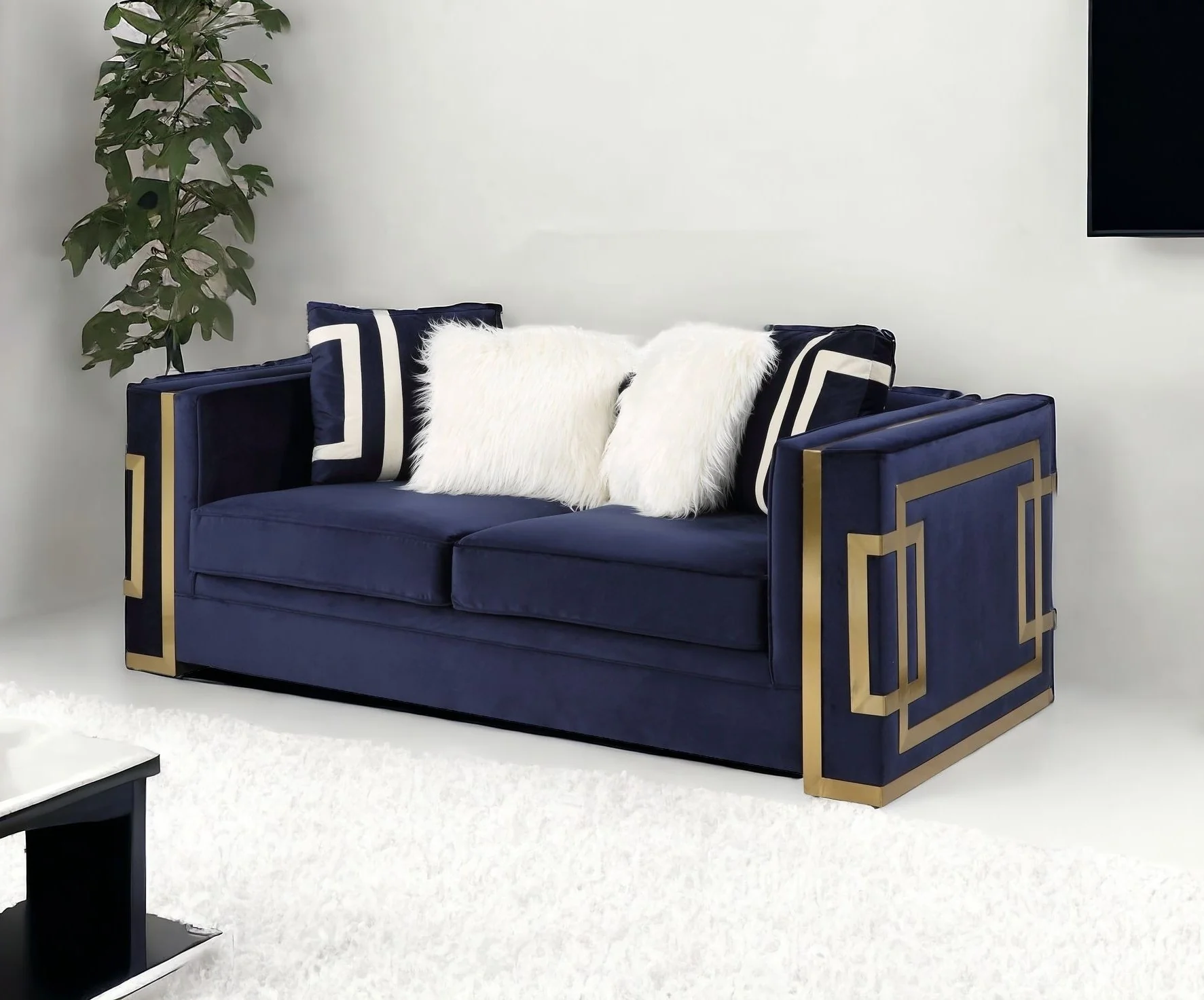 Blue And Gold Velvet Loveseat and Toss Pillows By Homeroots - Image 2