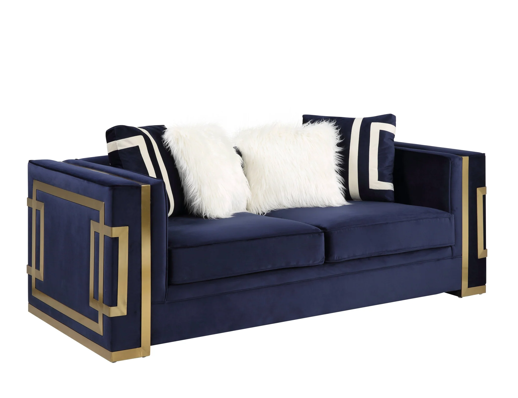 Blue And Gold Velvet Loveseat and Toss Pillows By Homeroots - Image 3