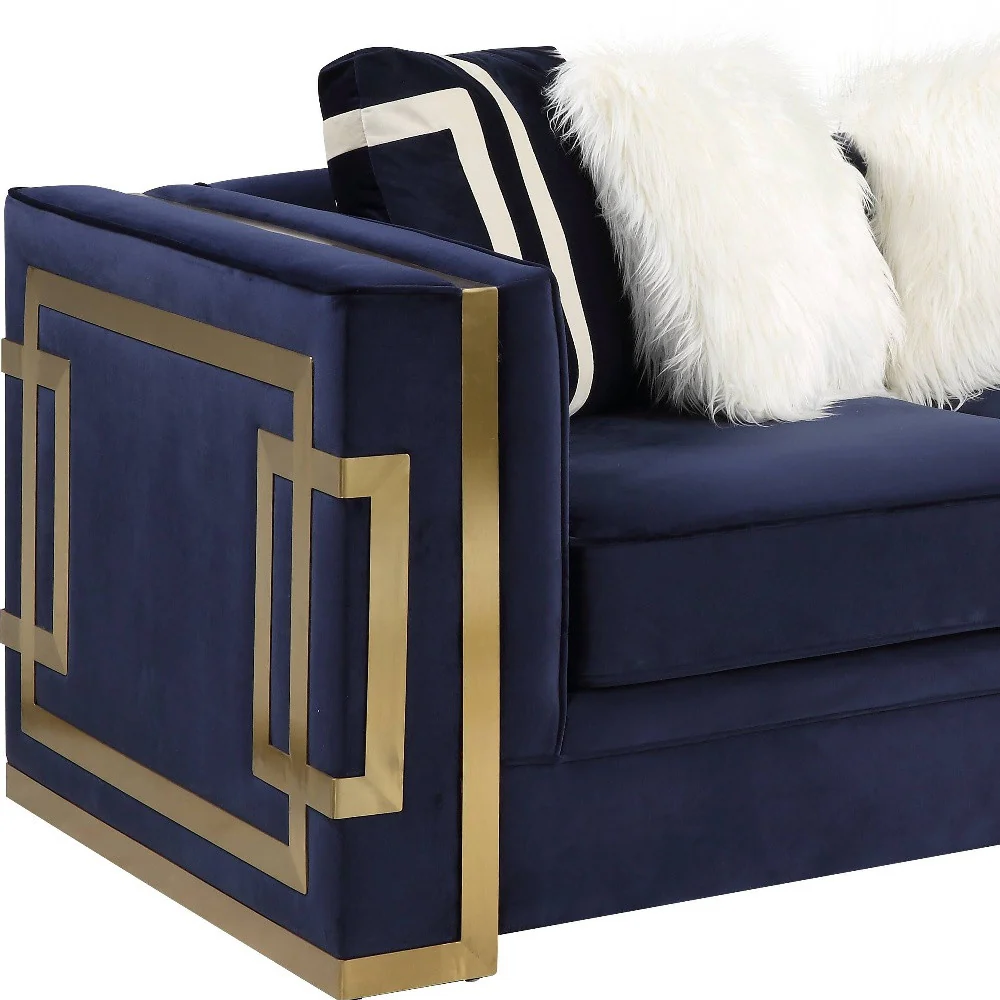 Blue And Gold Velvet Loveseat and Toss Pillows By Homeroots - Image 4