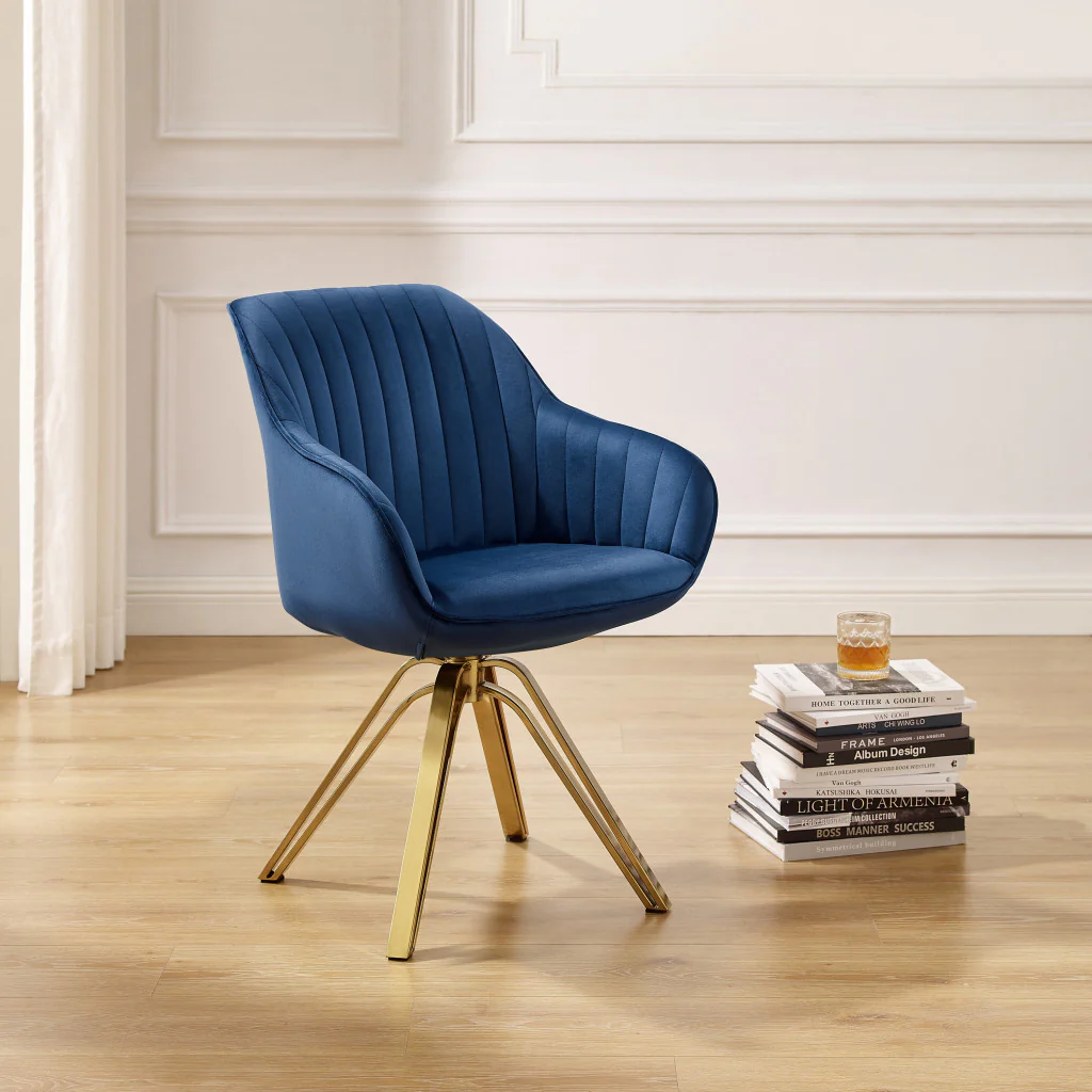 Blue And Gold Velvet Swivel Arm Chair By Homeroots - Image 6