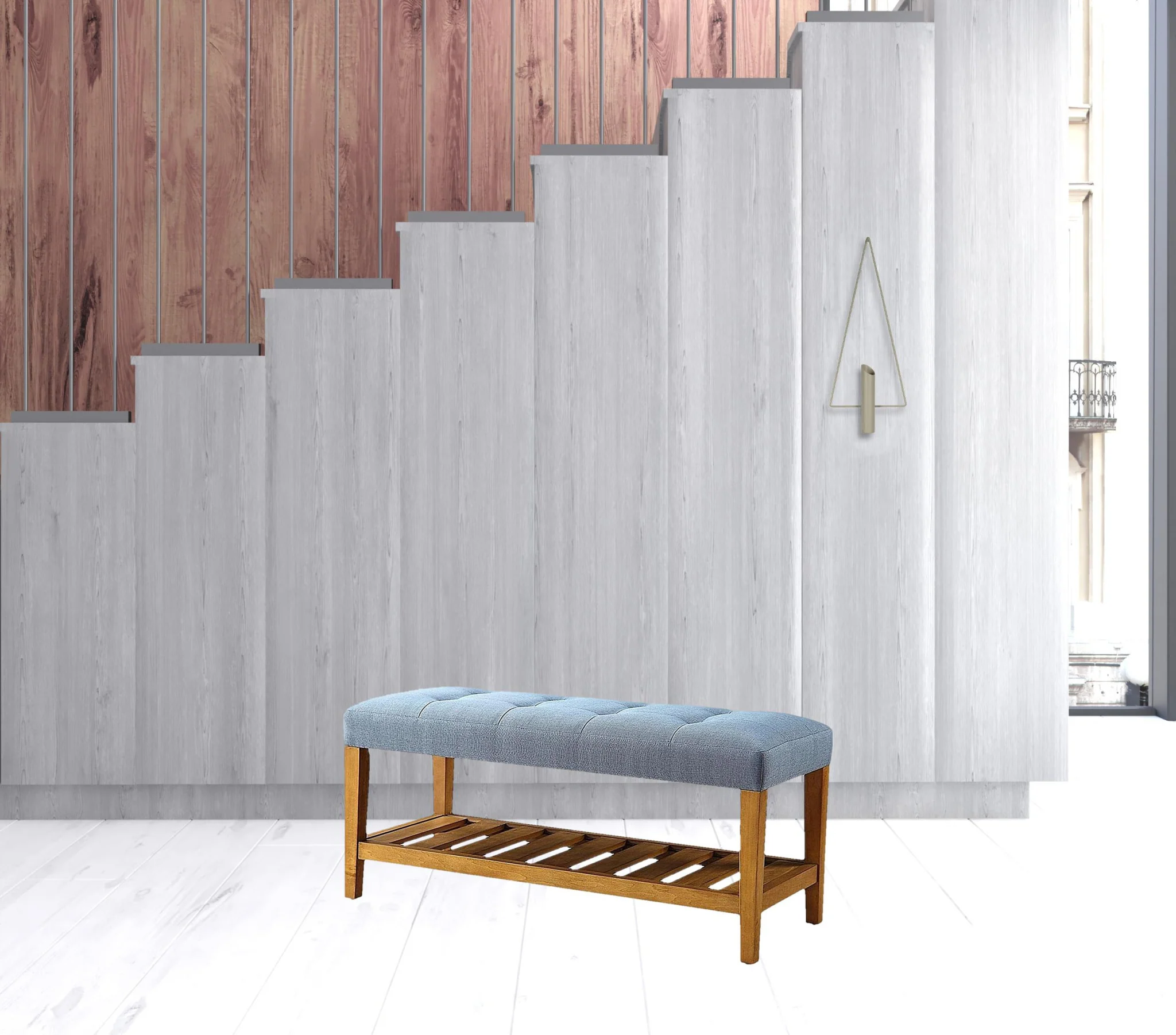 Blue And Oak Simple Bench By Homeroots - Image 2