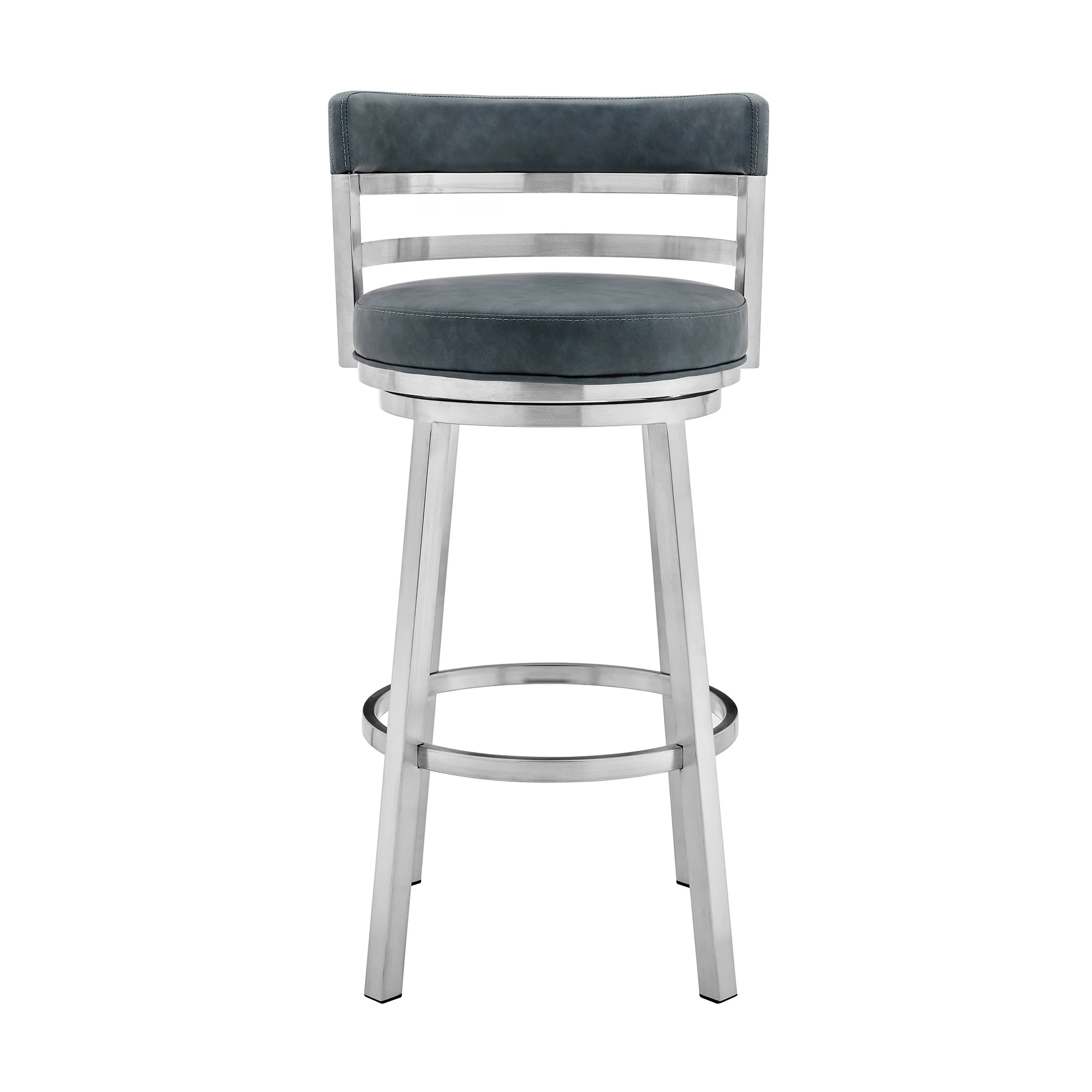 Blue and Silver Faux Leather and Stainless Steel Low Back Counter Height Swivel Bar Chair By Homeroots - Image 3