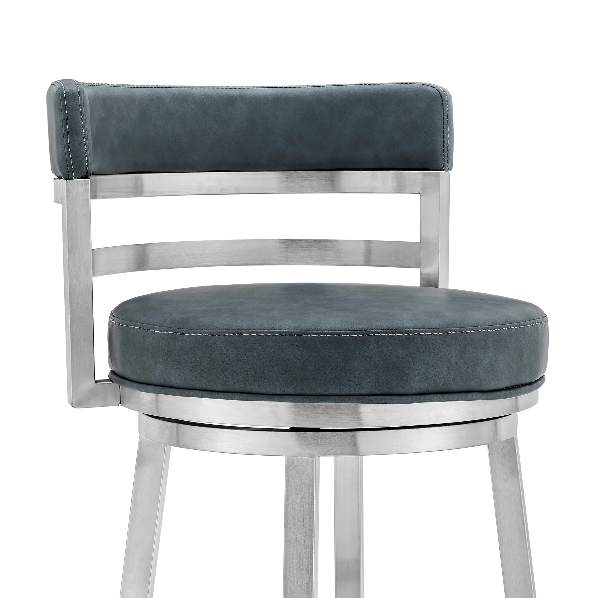 Blue and Silver Faux Leather and Stainless Steel Low Back Counter Height Swivel Bar Chair By Homeroots - Image 4