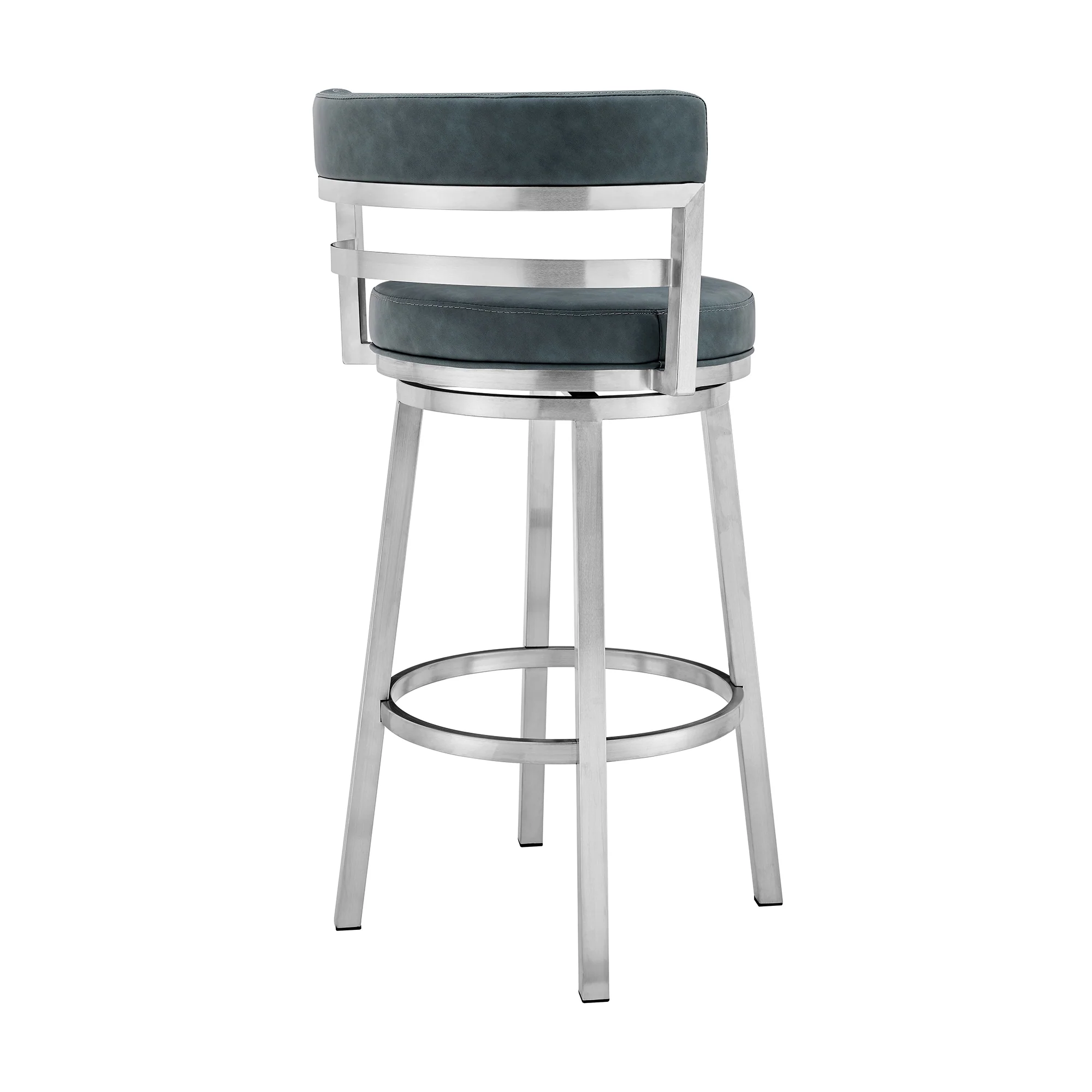 Blue and Silver Faux Leather and Stainless Steel Low Back Counter Height Swivel Bar Chair By Homeroots - Image 5
