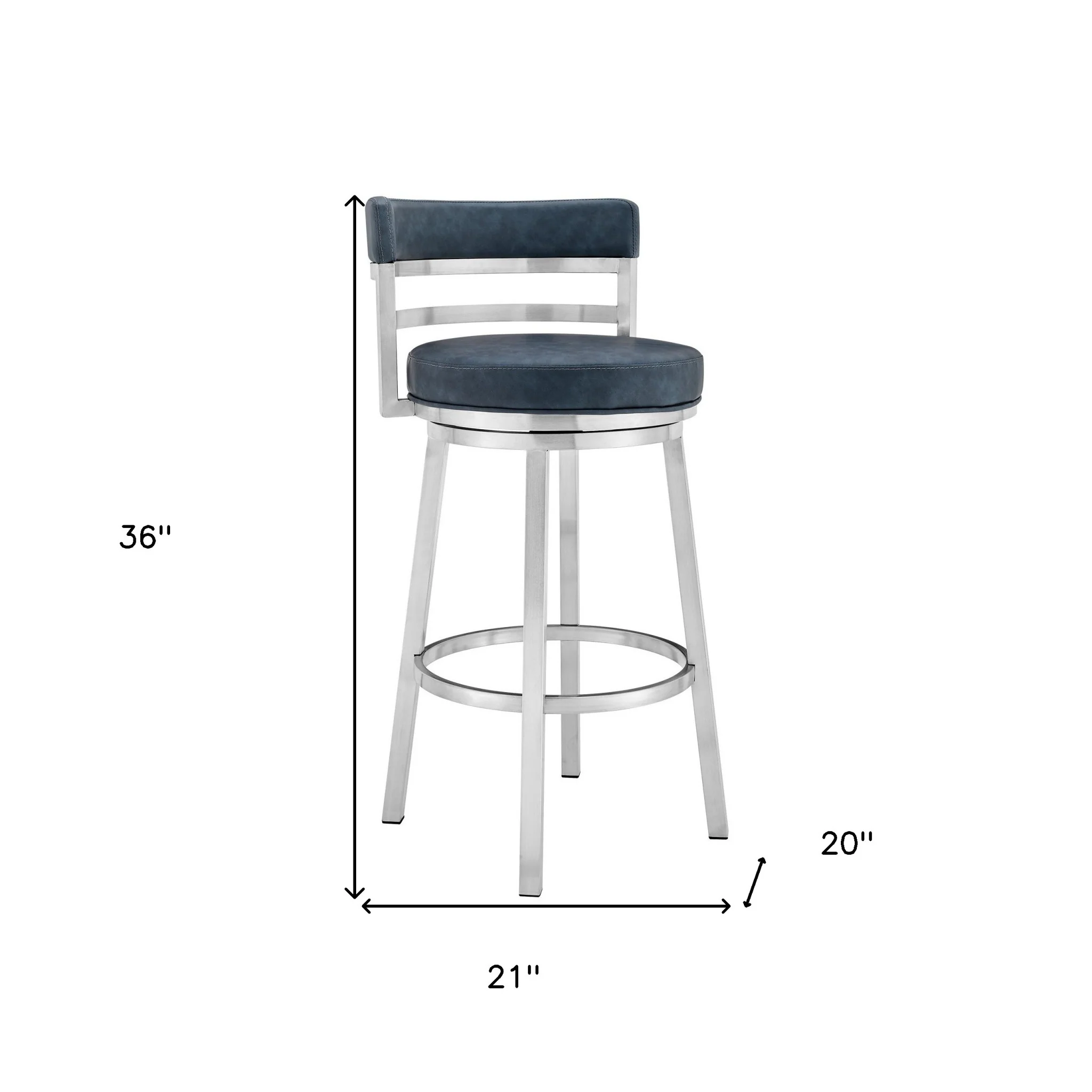 Blue and Silver Faux Leather and Stainless Steel Low Back Counter Height Swivel Bar Chair By Homeroots - Image 6