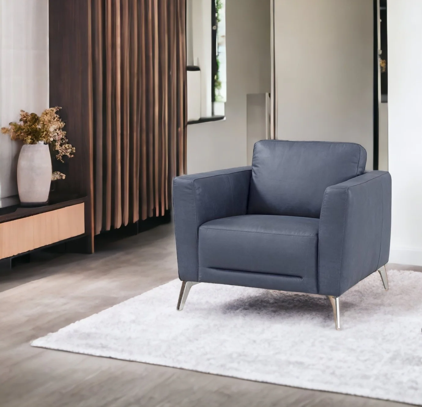 Blue and Silver Genuine Leather Arm Chair By Homeroots - Image 2
