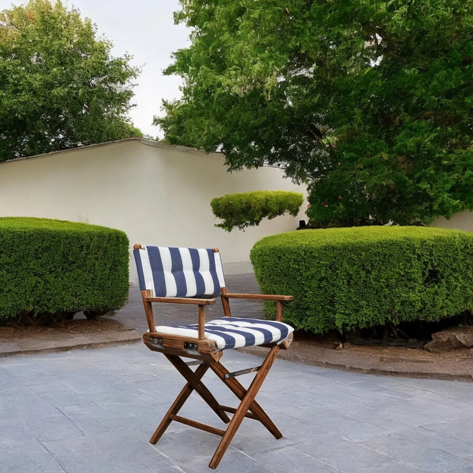 Blue and White and Natural Wood Solid Wood Indoor Outdoor Director Chair with Blue and White Cushion By Homeroots - Image 2