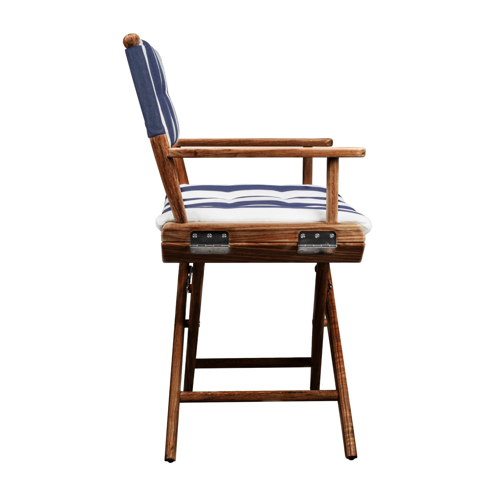 Blue and White and Natural Wood Solid Wood Indoor Outdoor Director Chair with Blue and White Cushion By Homeroots - Image 3