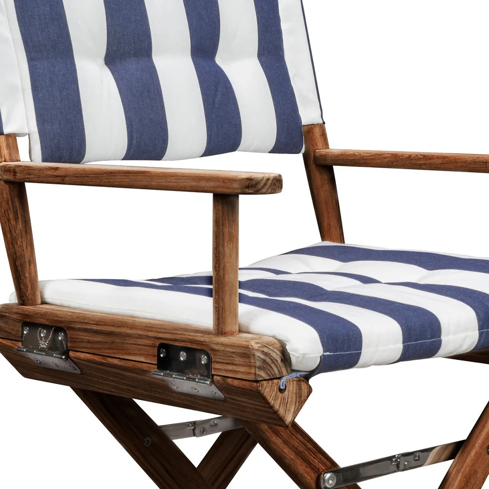 Blue and White and Natural Wood Solid Wood Indoor Outdoor Director Chair with Blue and White Cushion By Homeroots - Image 4