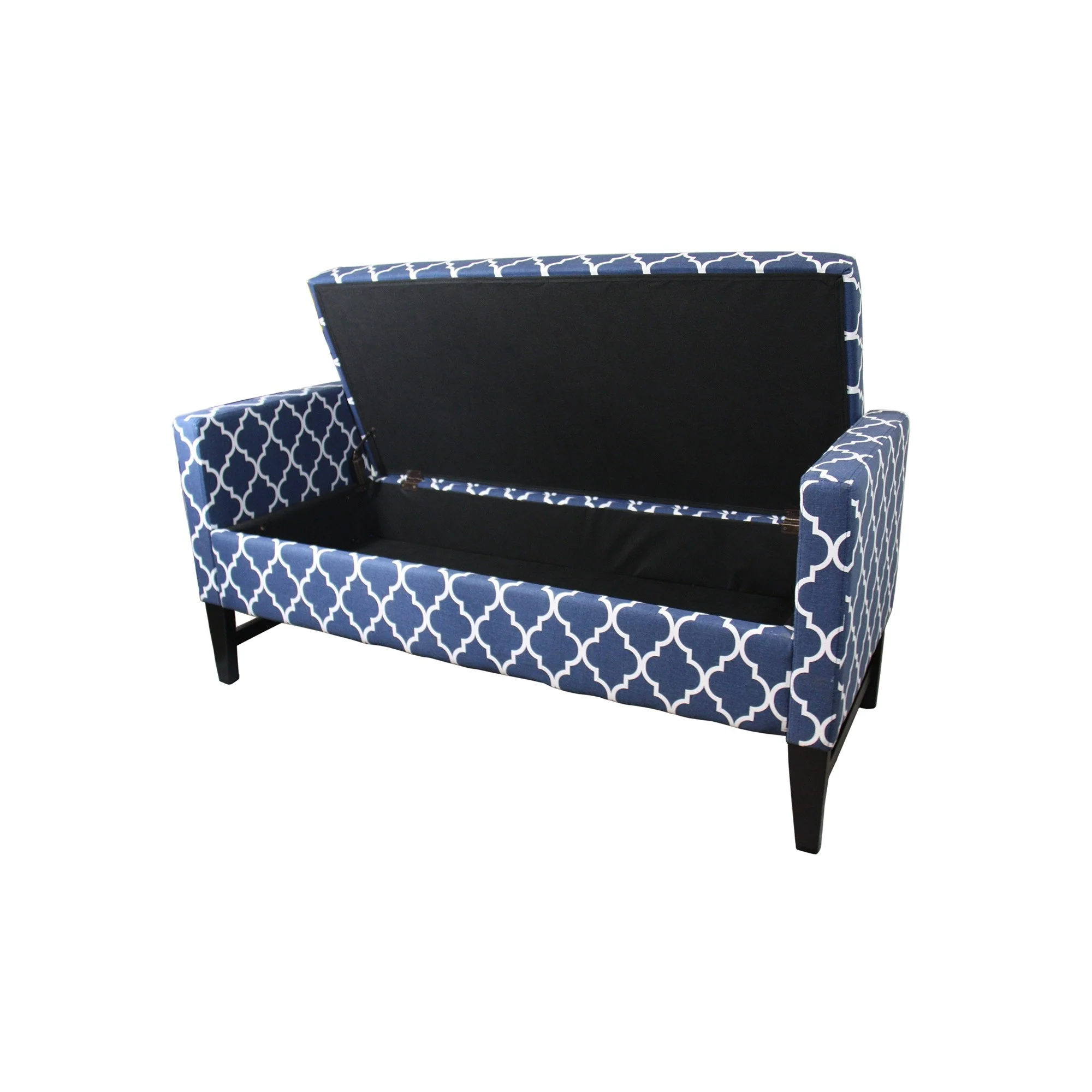 Blue and White Quatrefoil Dark Wood Storage Bench By Homeroots - Image 2